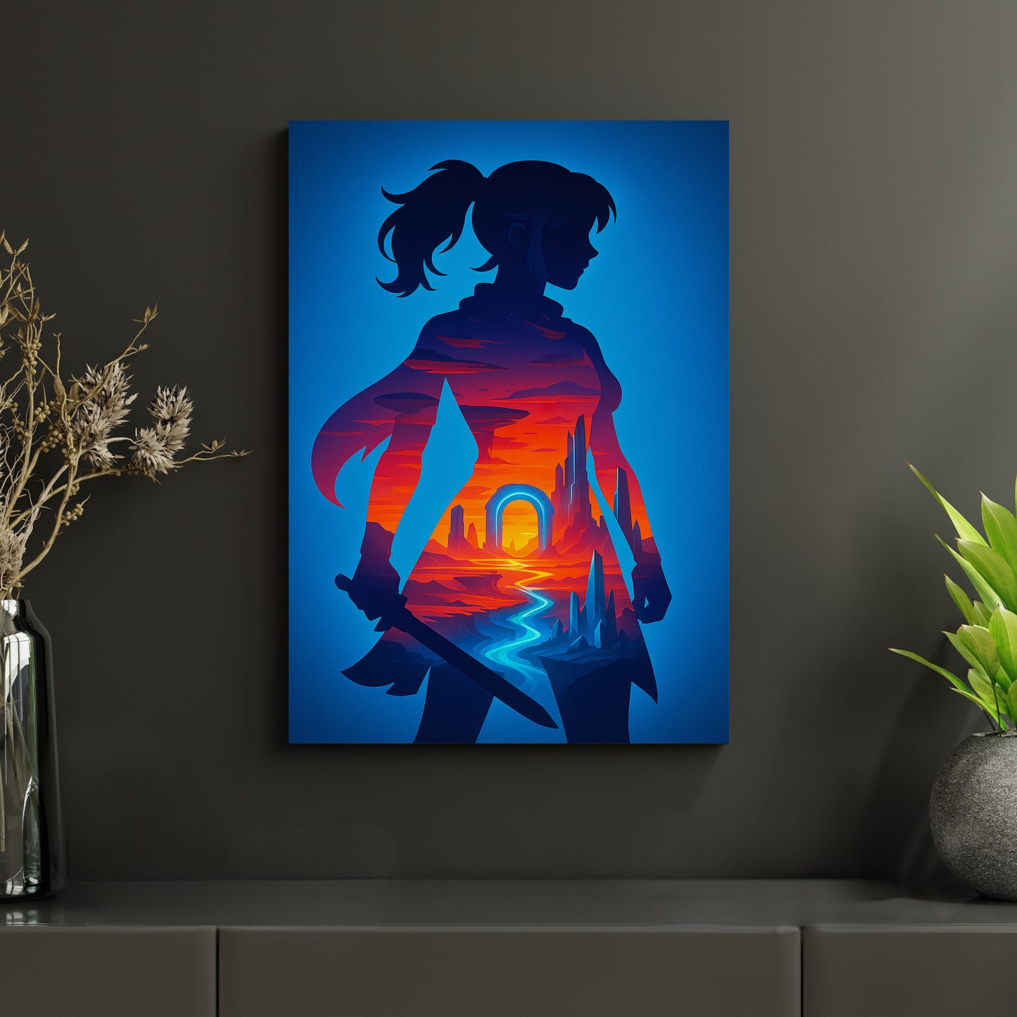 Fantasievolles Metallposter einer Kriegerin mit integriertem Sonnenuntergangs-Motiv und futuristischer Landschaft. Gedruckt auf langlebigen Aluminiumverbundplatten – ein Must-have für moderne Fantasy- und Sci-Fi-Fans.