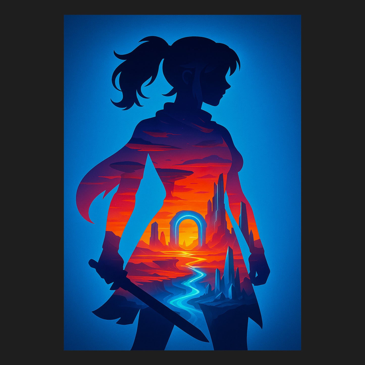 Stilvolles Poster einer Kriegerin im Silhouetten-Design mit leuchtender Landschaft im Inneren, bestehend aus Sonnenuntergang, Bergen und einem mystischen Tor. Moderne, minimalistische Fantasy-Illustration mit lebhaften Farben.