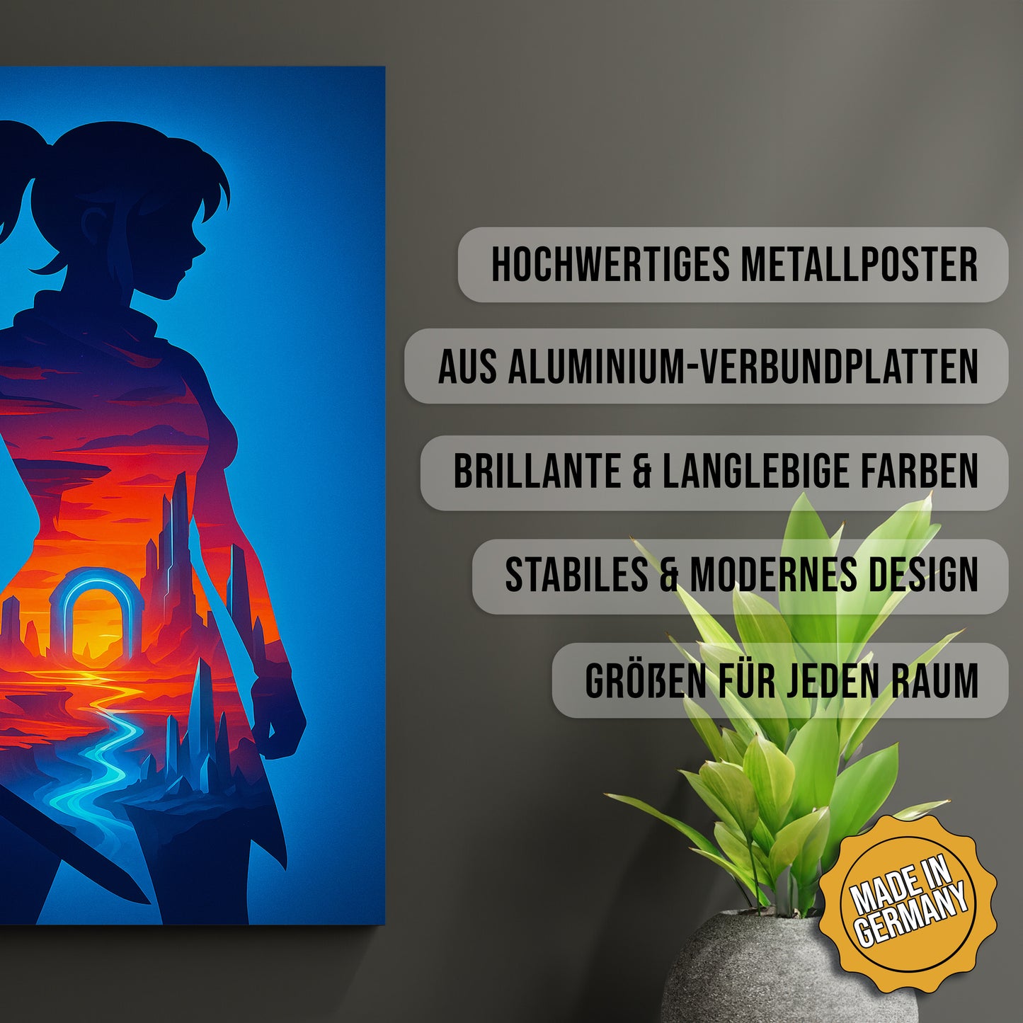 Produkt-Highlights zum Metallposter Kriegerin des Dimensionspfads. Hochwertiges Metallposter, aus Aluminium-Verbundplatten, Brillante & langlebige Farben, stabiles & modernes design, Größen für jeden Raum, Made in Germany.