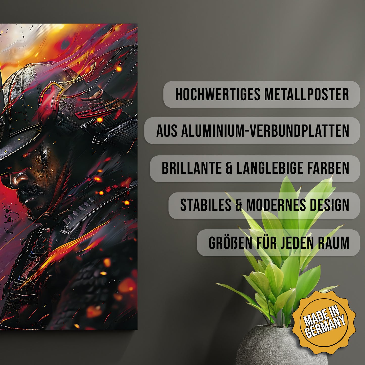 Produkt-Highlights zum Metallposter Legende der Samurai. Hochwertiges Metallposter, aus Aluminium-Verbundplatten, Brillante & langlebige Farben, stabiles & modernes design, Größen für jeden Raum, Made in Germany.