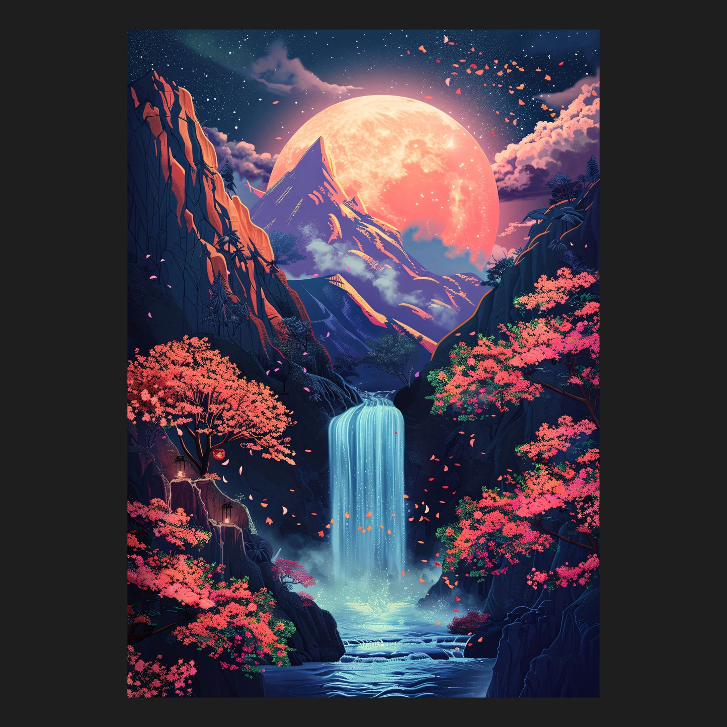 Magisches Fantasy-Motiv mit einem großen, leuchtenden Mond, einem majestätischen Wasserfall und blühenden Kirschblüten, das eine traumhafte und fesselnde Atmosphäre einfängt.