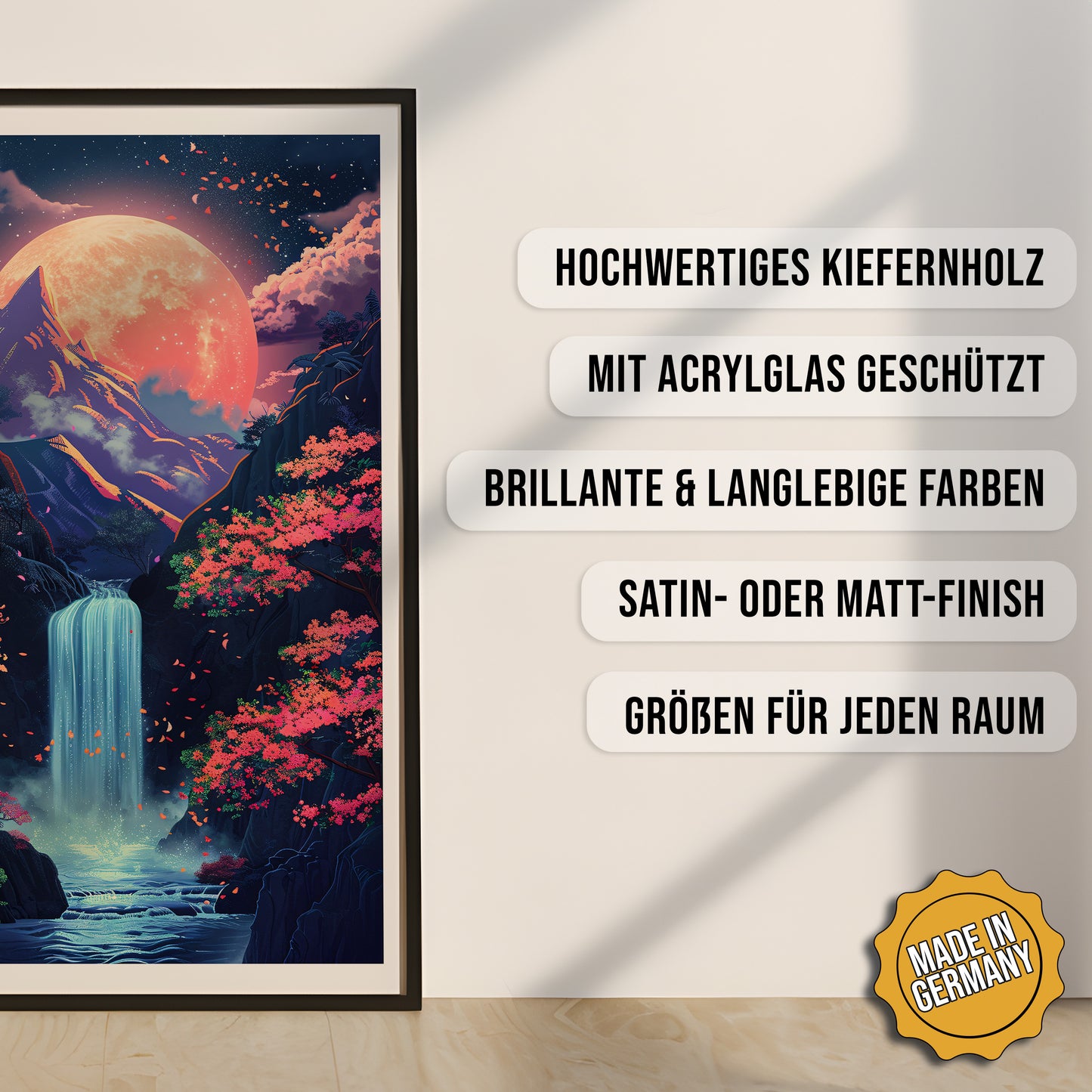 Produkt-Highlights zum gerahmten Poster Leuchtende Fantasy Landschaft.
Hochwertiges Kiefernholz, mit Acrylglas geschützt, Brillante & langlebige Farben, satin- oder matt-finish, größen für jeden Raum, Made in Germany.