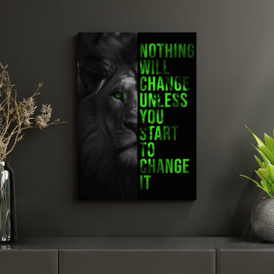 Edles Metallposter mit Löwenkopf und motivierendem Spruch. Modernes Wandbild für Macher & Visionäre, das mit hochwertigem Druck und kräftigen Farben überzeugt. Ideal für Büro, Arbeitszimmer oder als Geschenk für Unternehmer und Erfolgsmenschen.