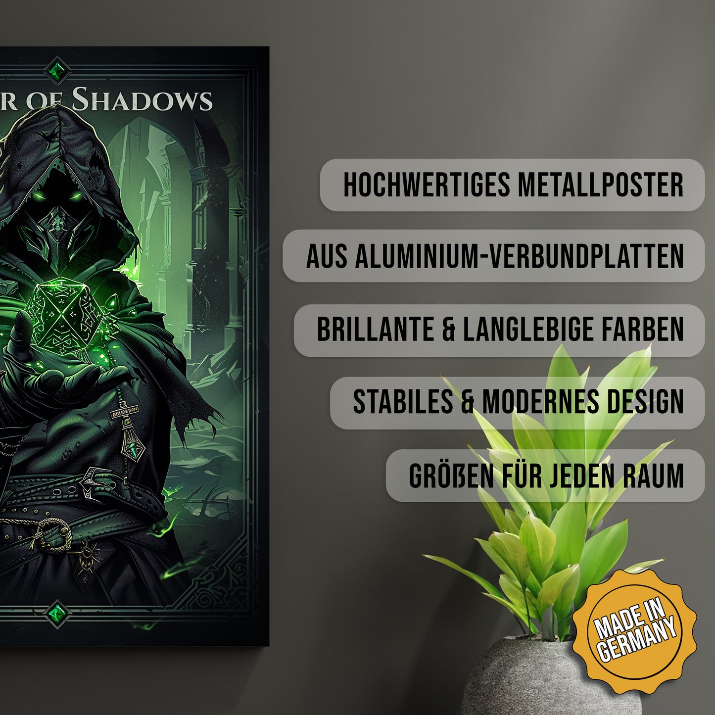 Produkt-Highlights zum Metallposter Master of Shadows. Hochwertiges Metallposter, aus Aluminium-Verbundplatten, Brillante & langlebige Farben, stabiles & modernes design, Größen für jeden Raum, Made in Germany.