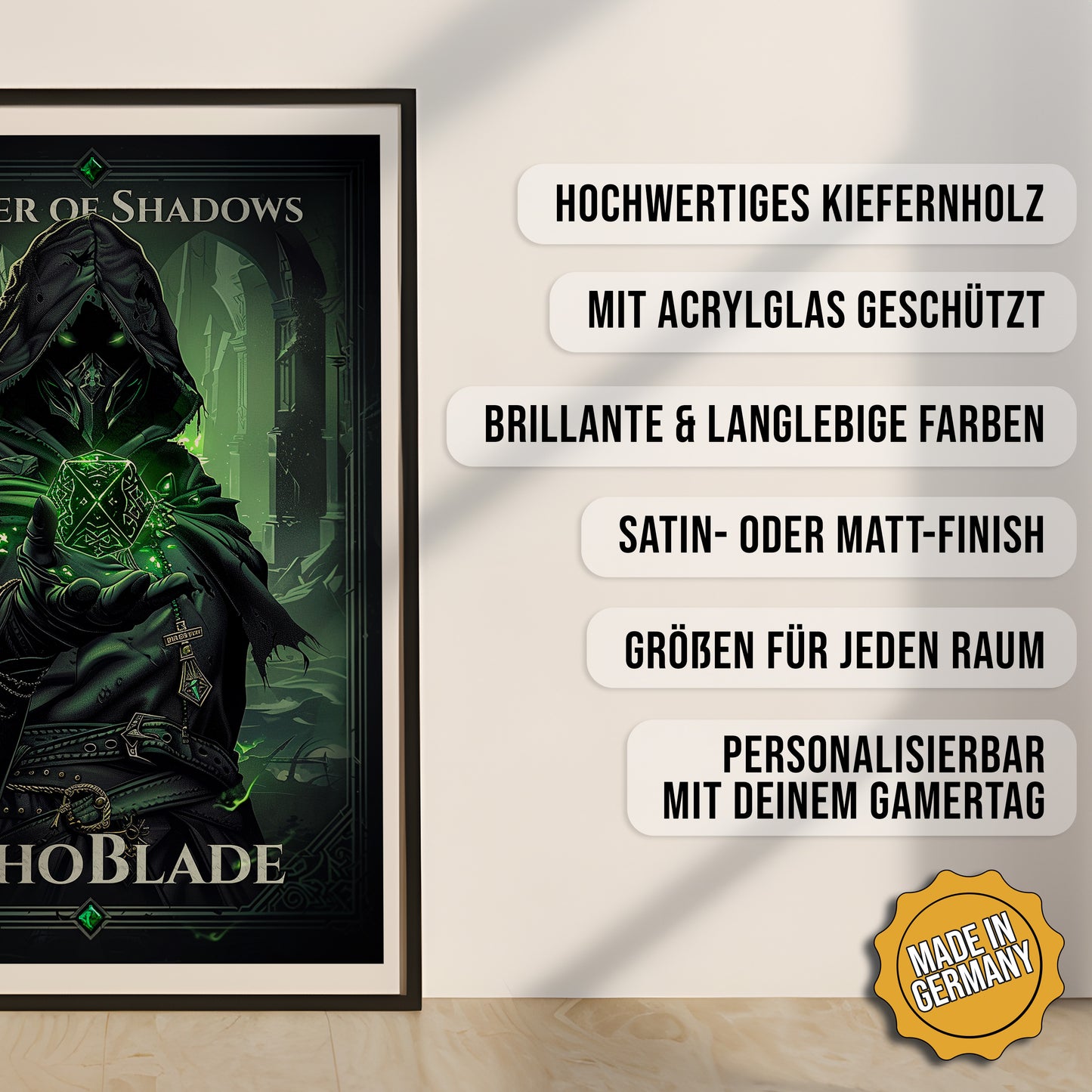 Produkt-Highlights zum gerahmten Poster Master of Shadows personalisierbar.
Hochwertiges Kiefernholz, mit Acrylglas geschützt, Brillante & langlebige Farben, satin- oder matt-finish, größen für jeden Raum, Made in Germany.