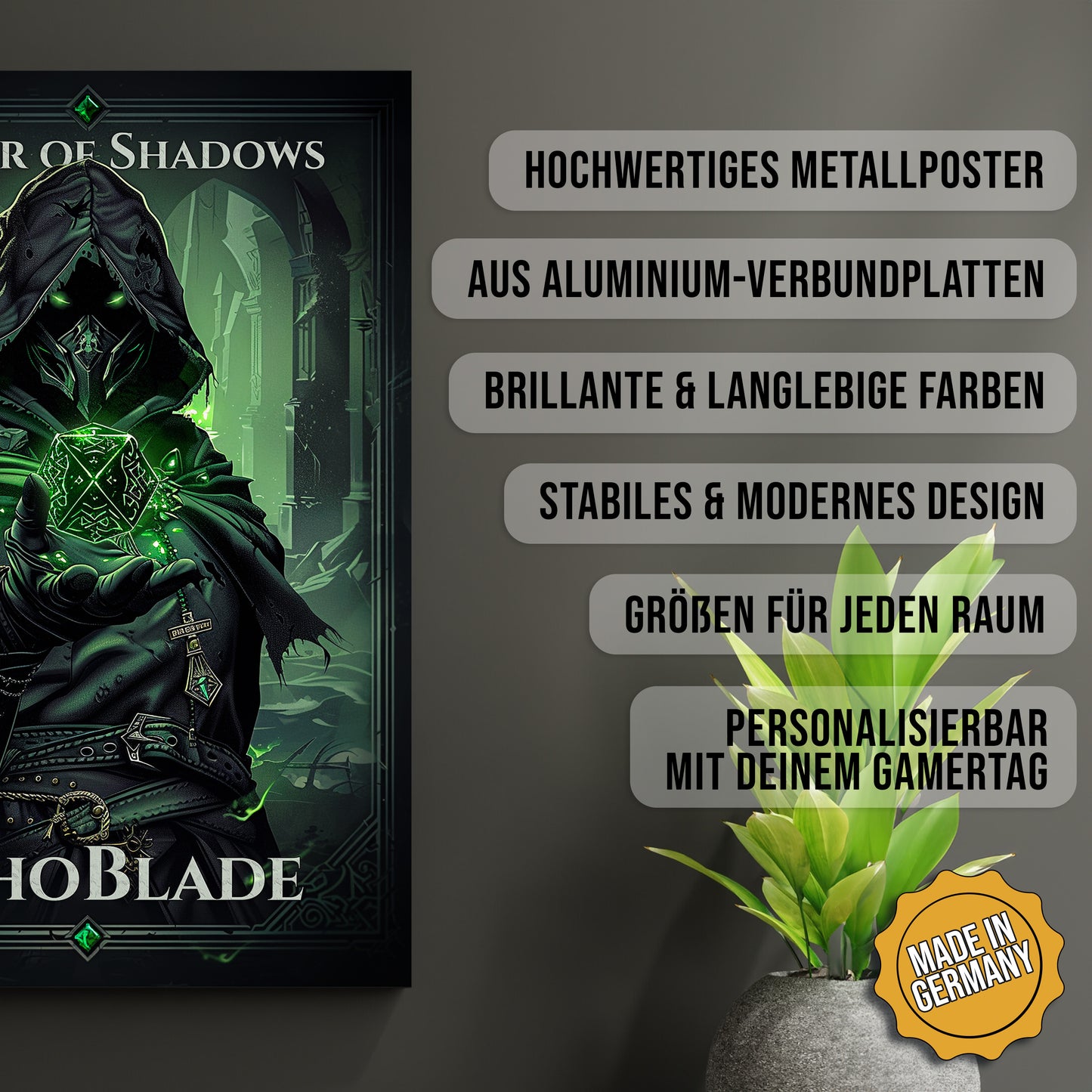 Produkt-Highlights zum Metallposter Master of Shadows personalisiert. Hochwertiges Metallposter, aus Aluminium-Verbundplatten, Brillante & langlebige Farben, stabiles & modernes design, Größen für jeden Raum, Made in Germany.