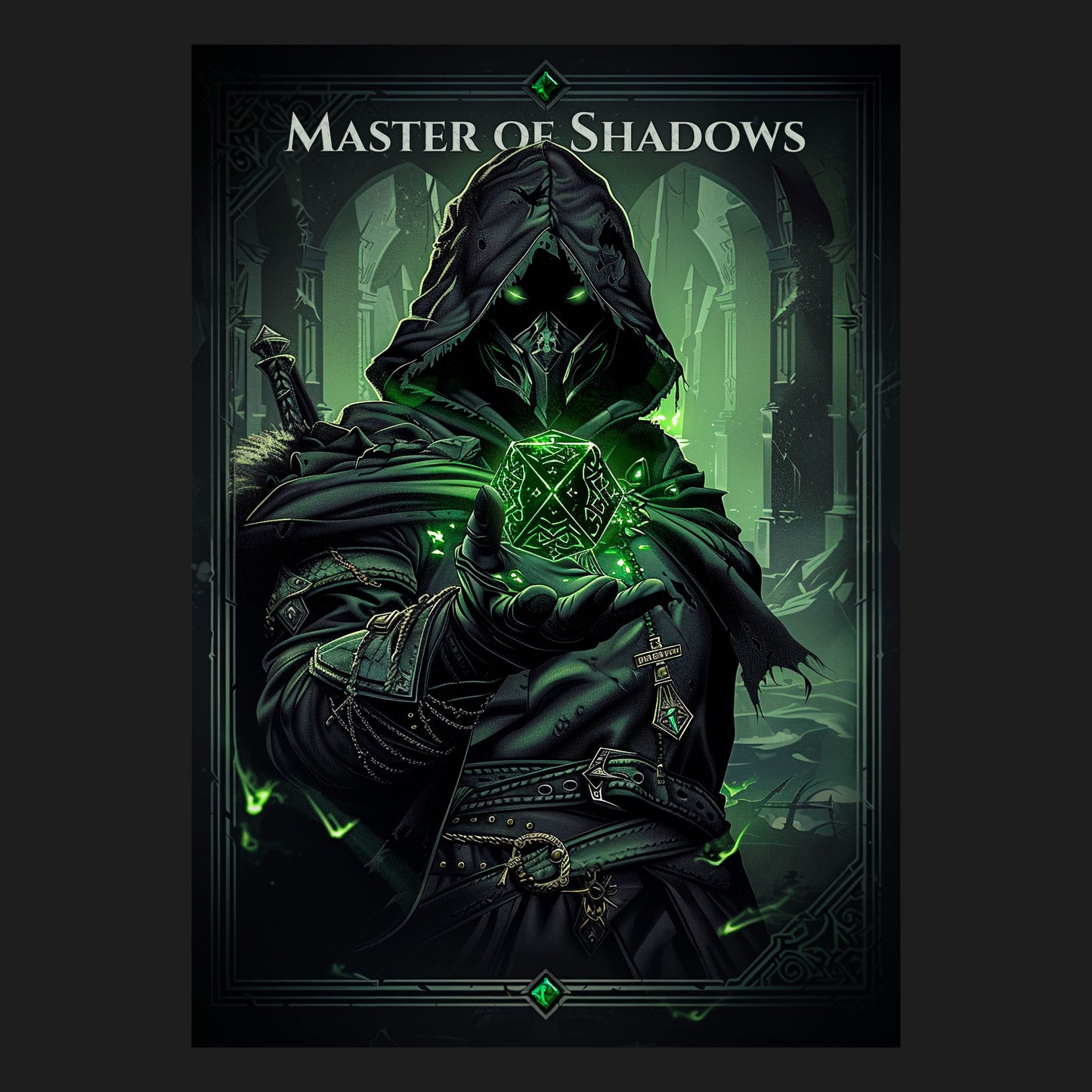 Gerahmtes Gaming Poster, Fantasy Wandkunst mit mystischem Design und in dunkelgrünem Farbschema, perfekte Wanddekoration für Gamer, Roleplay- und Fantasy-Fans.