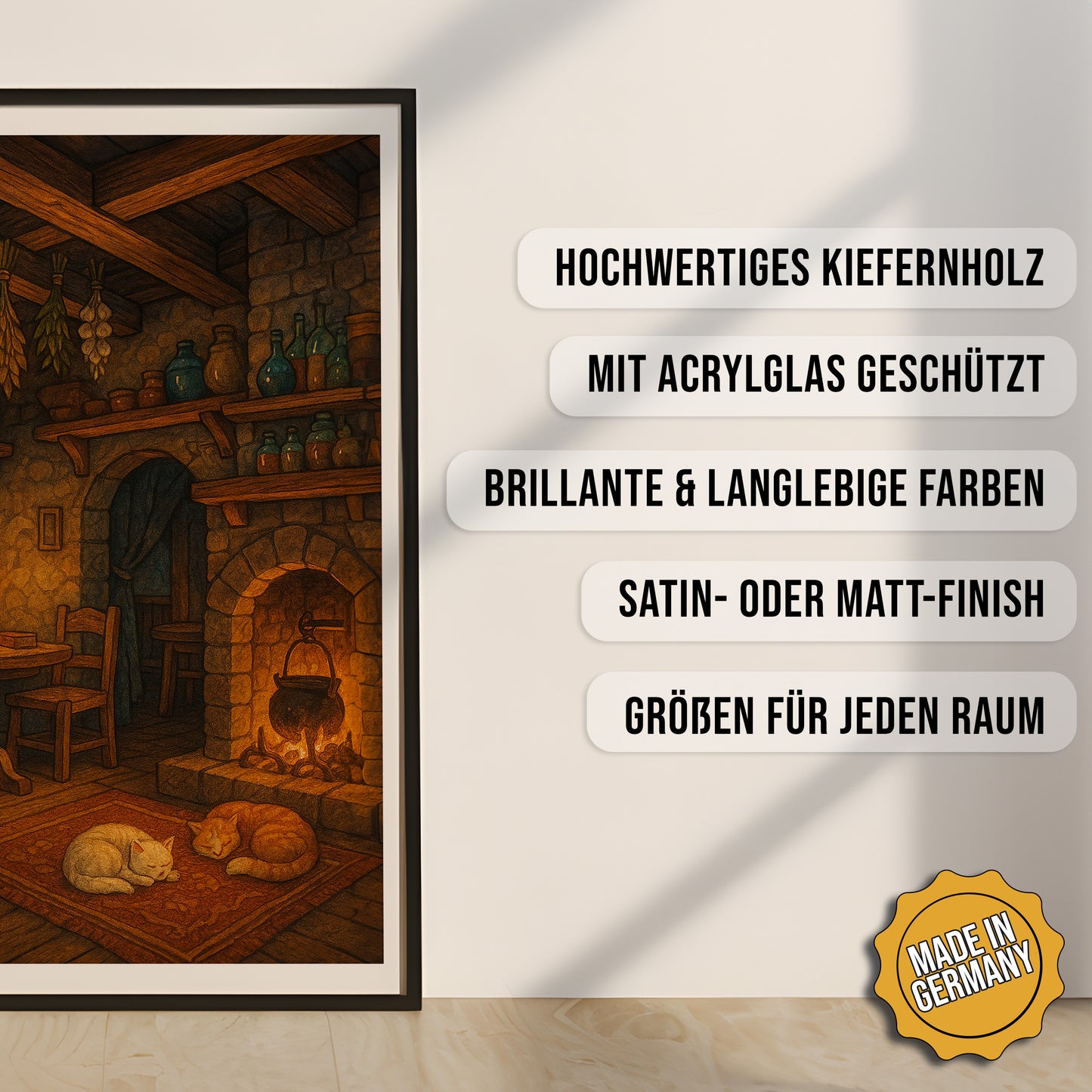 Produkt-Highlights zum gerahmten Poster Mittelalterliche Taverne.
Hochwertiges Kiefernholz, mit Acrylglas geschützt, Brillante & langlebige Farben, satin- oder matt-finisch, größen für jeden Raum, Made in Germany.