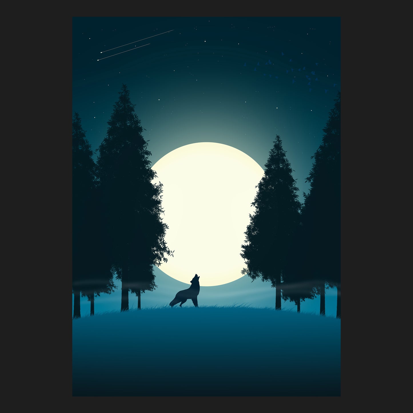 Abstraktes Naturmotiv eines heulenden Wolfs im Mondlicht, umgeben von hohen Bäumen, das die mystische und erhabene Atmosphäre der Nacht einfängt.