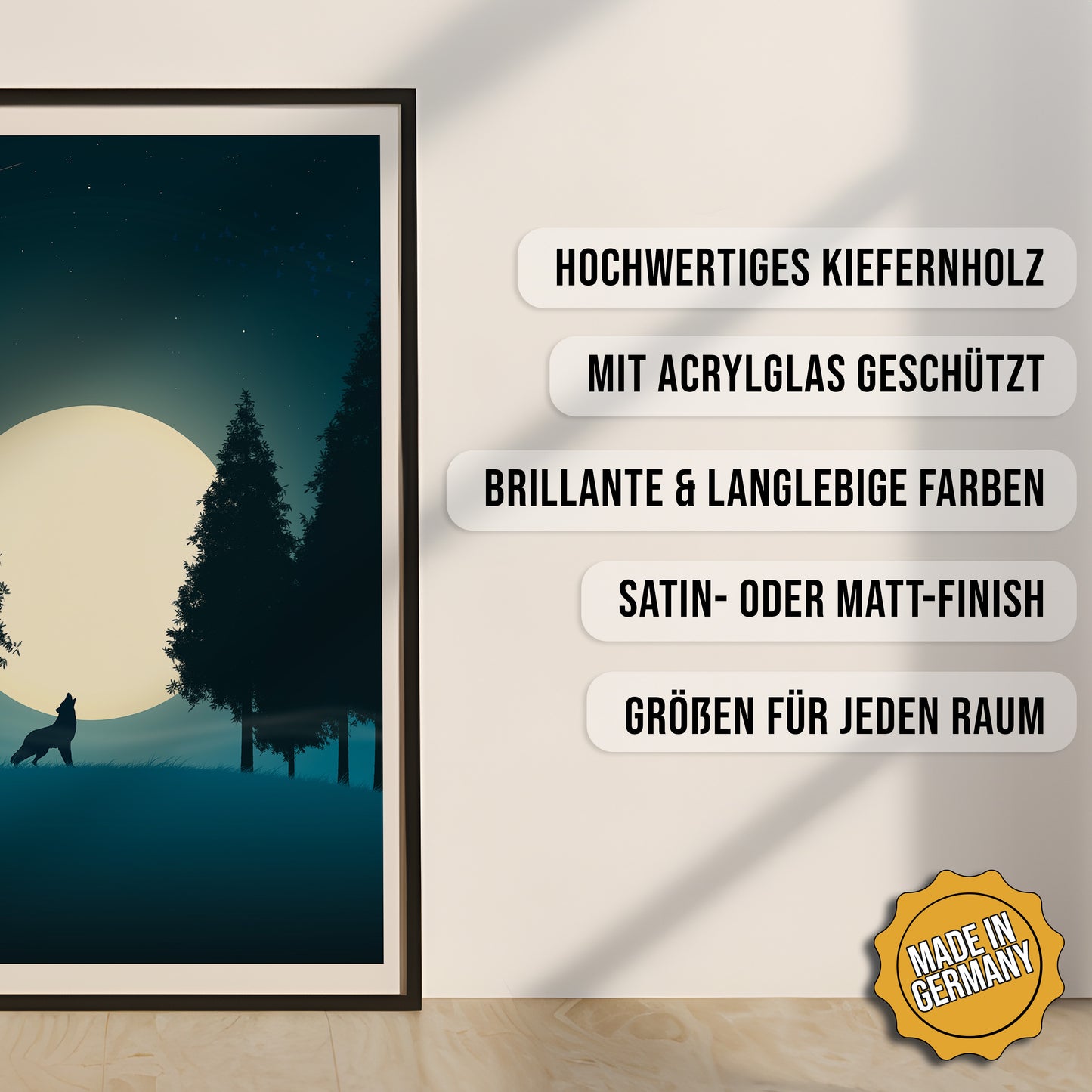 Produkt-Highlights zum gerahmten Poster Mondscheinheuler.
Hochwertiges Kiefernholz, mit Acrylglas geschützt, Brillante & langlebige Farben, satin- oder matt-finish, größen für jeden Raum, Made in Germany.