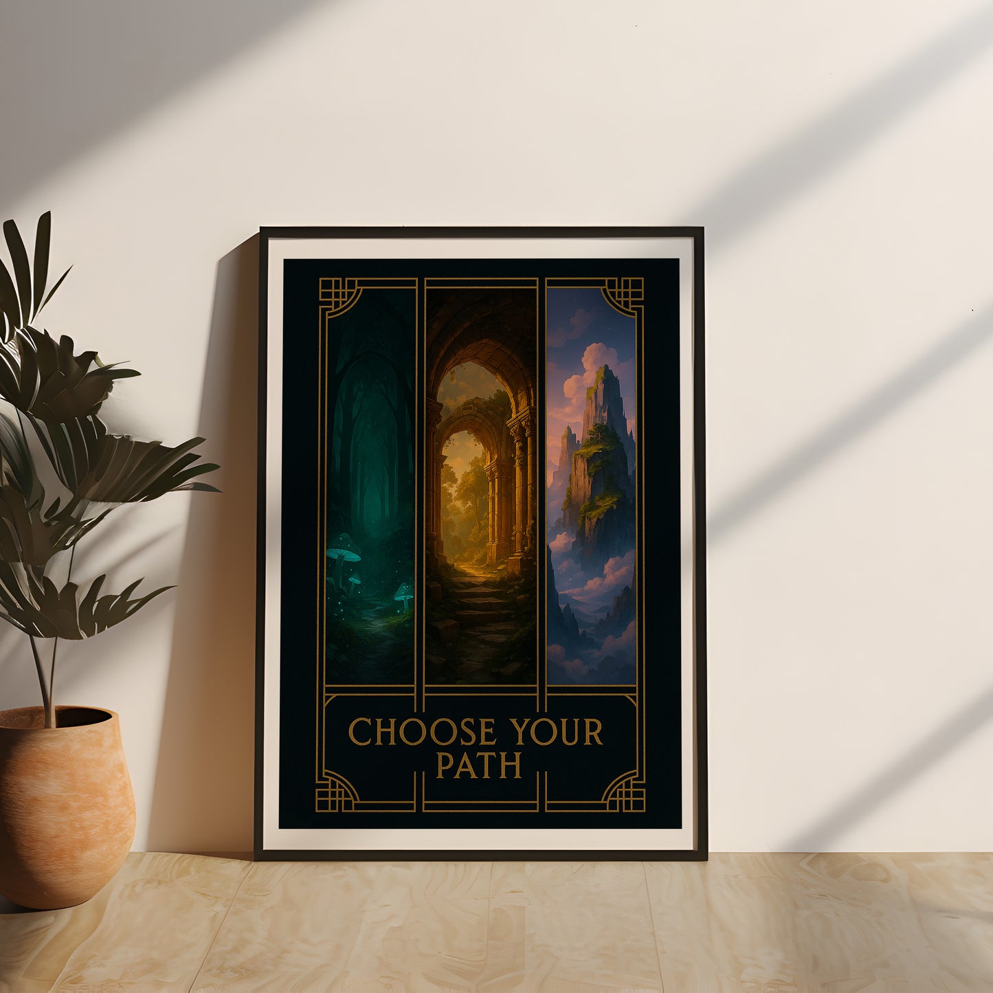 Hochwertiges Poster „Mystische Pfade“ mit der Aufschrift Choose Your Path, kunstvoll in Echtholz gerahmt und durch Acrylglas geschützt – moderne Fantasy-Wanddeko für Wohnzimmer, Arbeitszimmer oder Gaming-Setup.