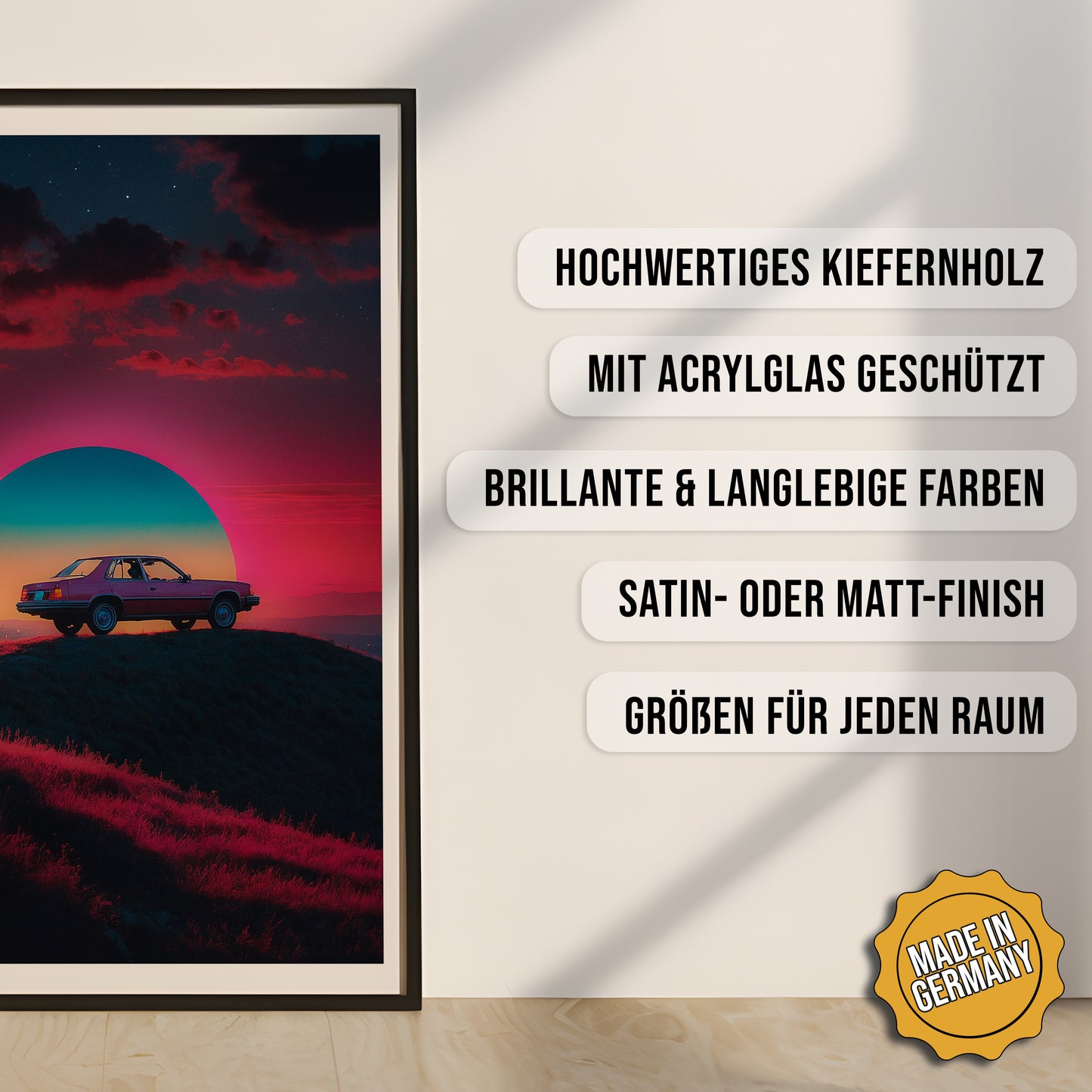 Produkt-Highlights zum gerahmten Poster Old Timer Retro Sunset.
Hochwertiges Kiefernholz, mit Acrylglas geschützt, Brillante & langlebige Farben, satin- oder matt-finish, größen für jeden Raum, Made in Germany.