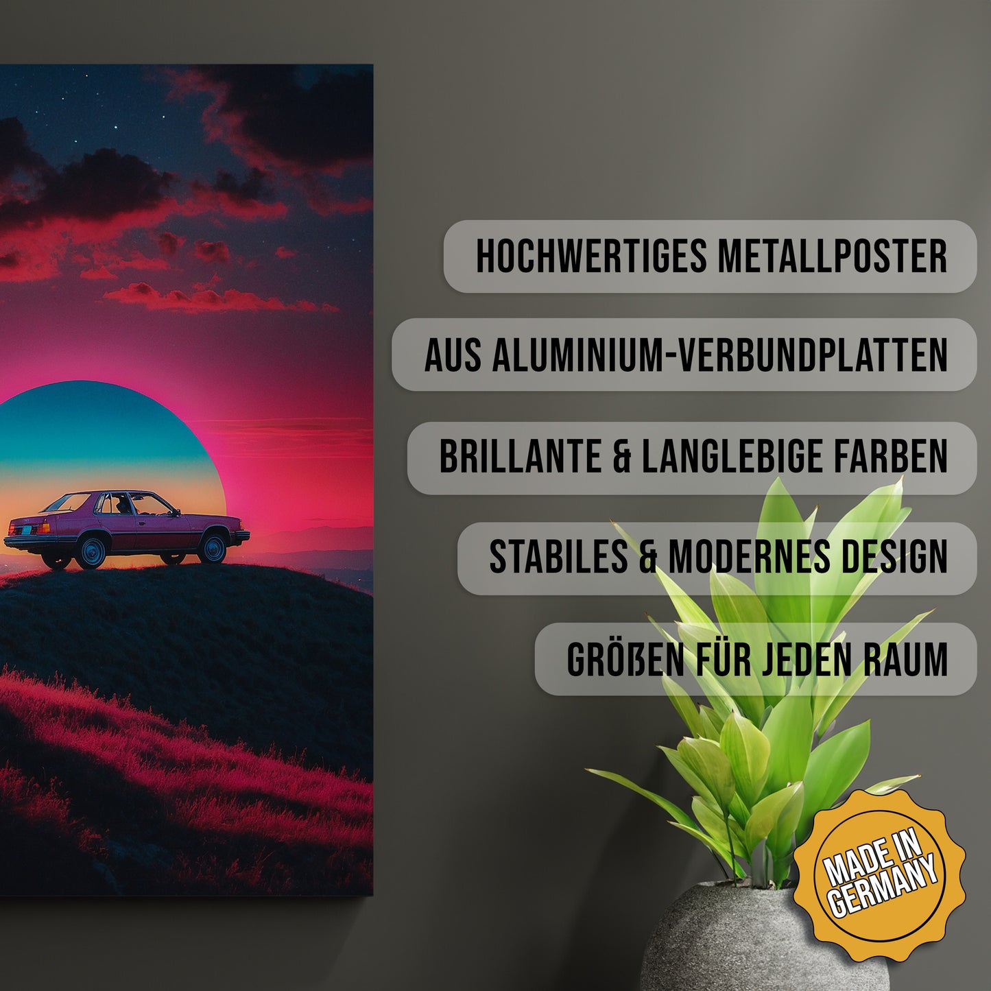 Produkt-Highlights zum Metallposter Old Timer Retro Sunset. Hochwertiges Metallposter, aus Aluminium-Verbundplatten, Brillante & langlebige Farben, stabiles & modernes design, Größen für jeden Raum, Made in Germany.