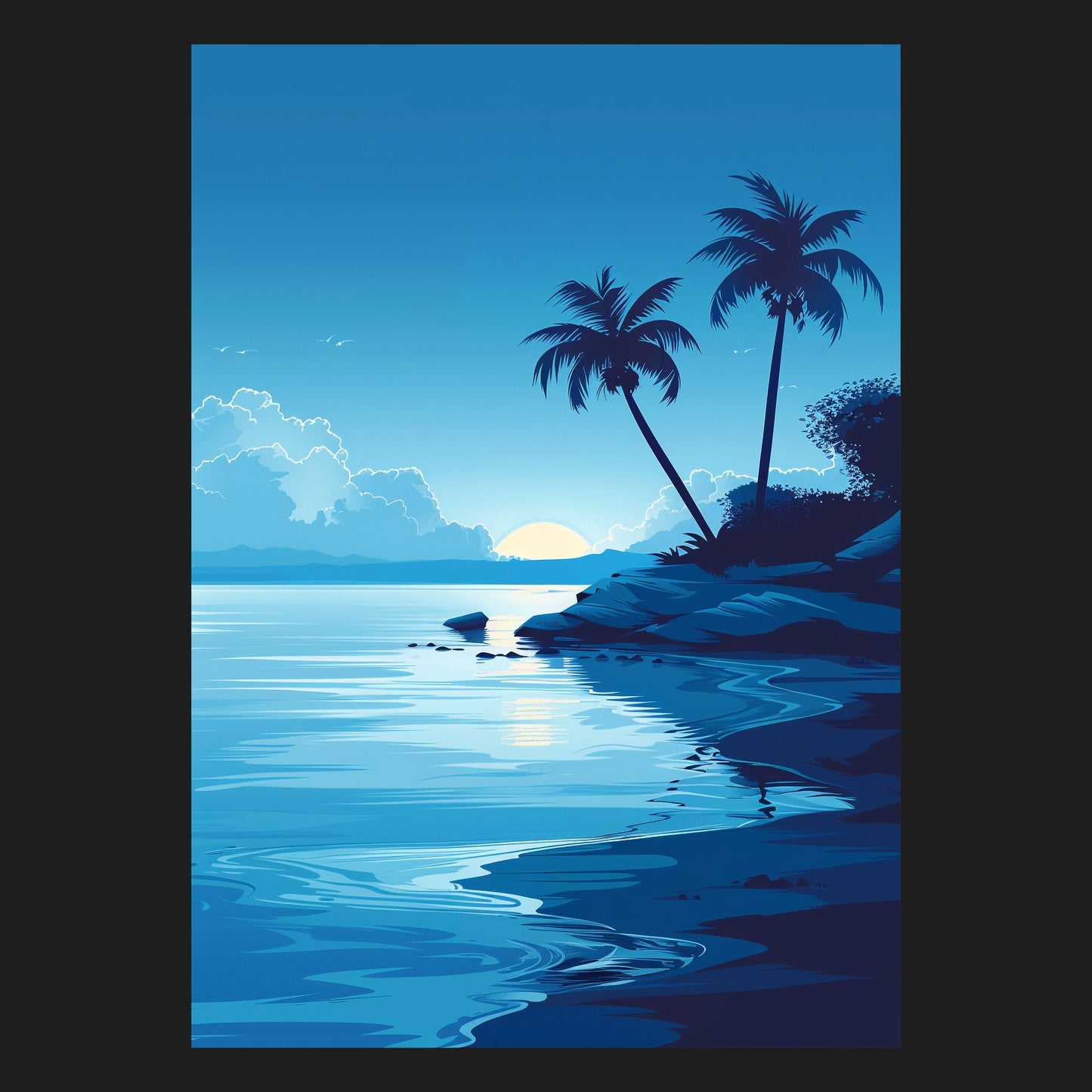 Abstraktes Strandmotiv eines tropischen Sonnenuntergangs mit Palmen und ruhigem Meer, das die friedliche und entspannende Atmosphäre eines tropischen Paradieses einfängt.