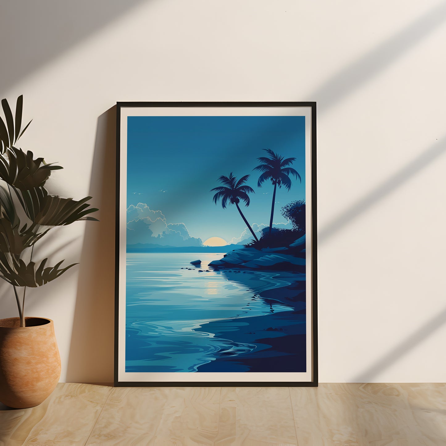 Abstraktes Strandmotiv mit einem Sonnenuntergang, Palmen und ruhigem Meer, gerahmt in einem hochwertigen Echtholzrahmen. Die sanften Blautöne und die friedliche Atmosphäre machen dieses Poster zu einer stilvollen Wanddekoration für eine entspannende und naturverbundene Umgebung, tropisches Wandposter, gerahmtes Poster mit Palmen und Meer, gaming poster