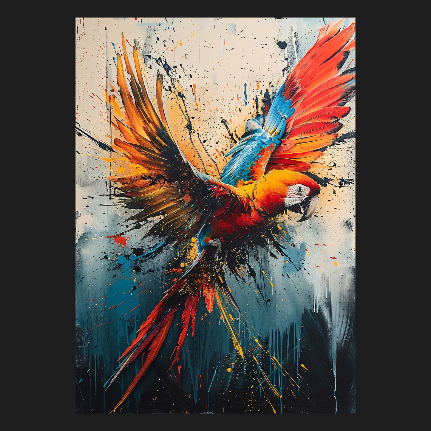 Abstraktes Papageienmotiv in dynamischen Farben, das die Eleganz und die Lebendigkeit des Vogels in einer farbenfrohen und lebendigen Darstellung einfängt.