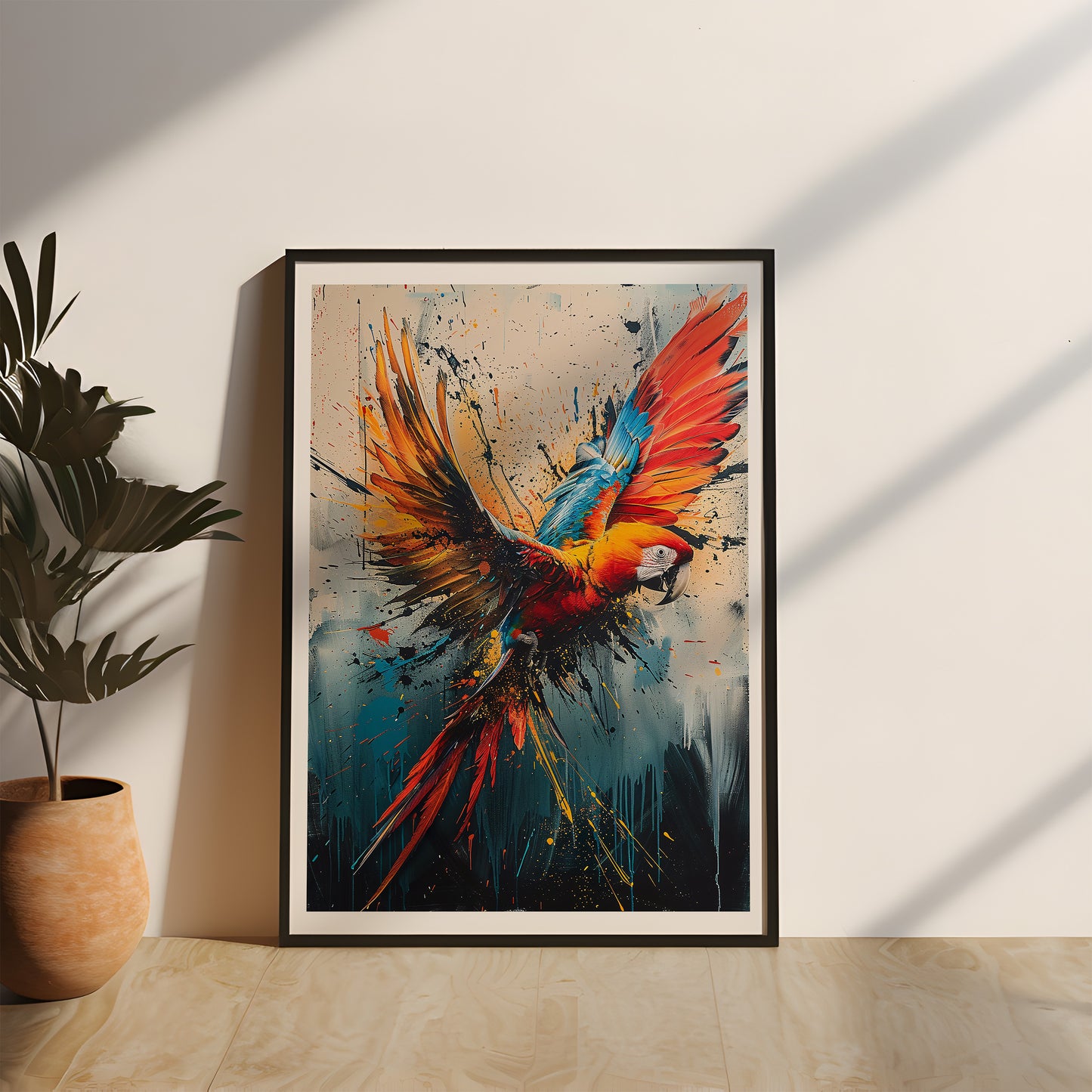 Abstraktes Papageienmotiv in leuchtenden Farben, gerahmt in einem hochwertigen Echtholzrahmen, das die majestätische Eleganz und die lebendige Energie des Vogels in einer kunstvollen Darstellung einfängt. Perfekte Wahl für eine stilvolle Wanddekoration, natur und tier poster, abstraktes tier