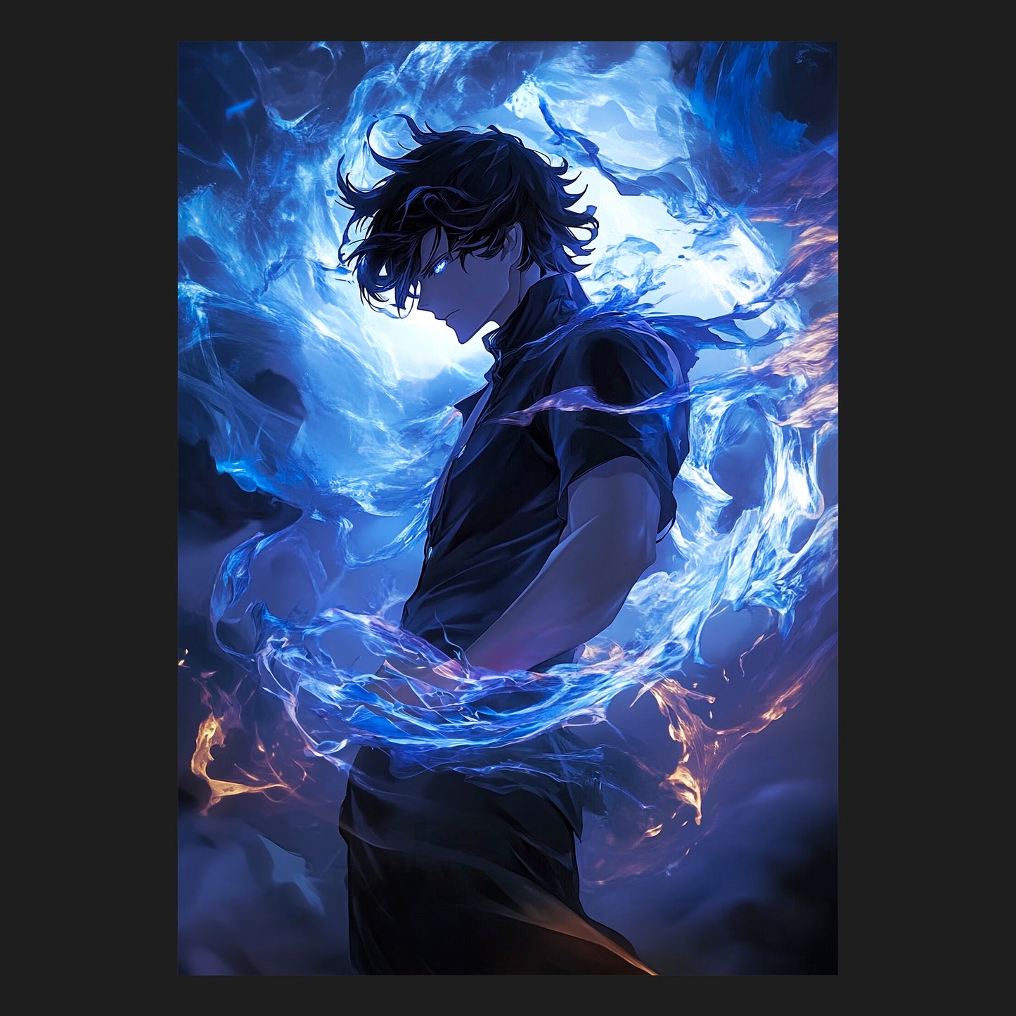 Silhouettenhaftes Anime-Porträt eines jungen Mannes, umgeben von magisch wirbelnder Energie in Blau und Violett. Die mystische Aura und die düstere Haltung erinnern an moderne Heldenreisen aus beliebten Fantasy-Welten, ein Highlight für Anime-Fans.