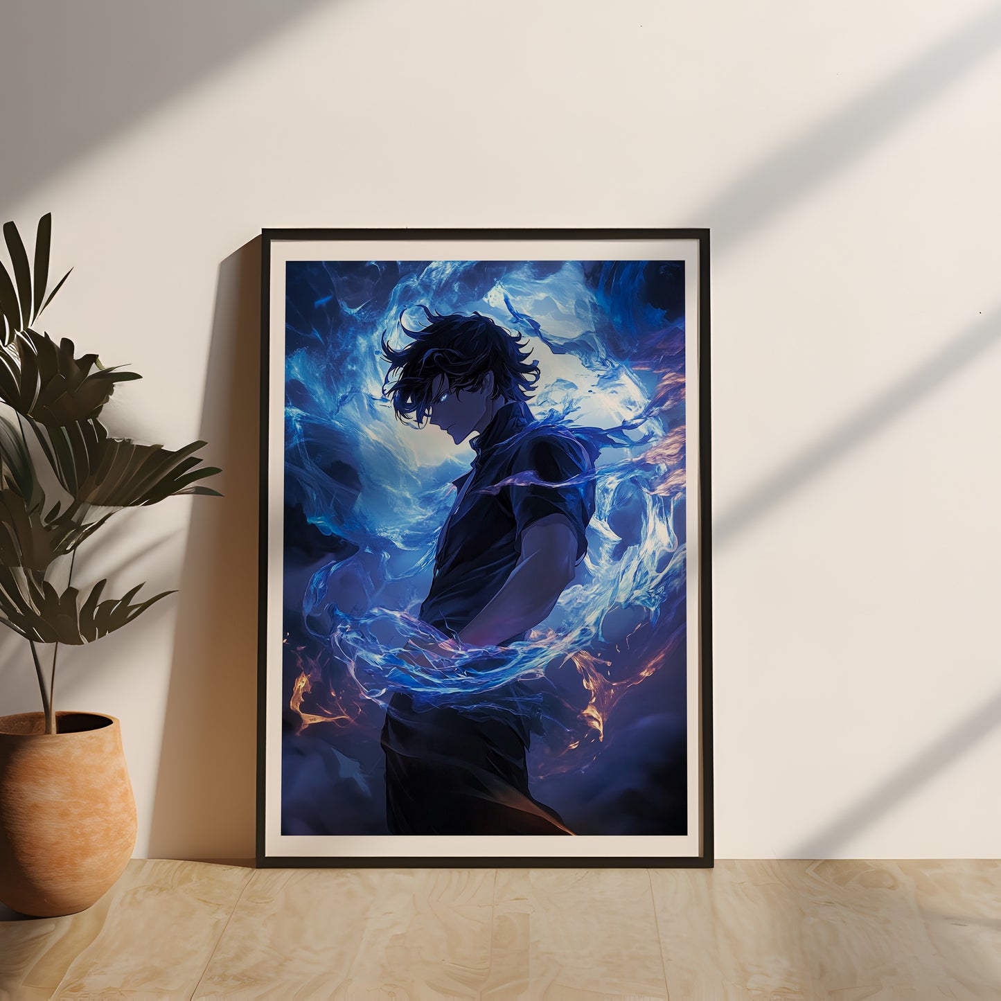 Ausdrucksstarkes Anime-Motiv mit einem Schattenkrieger inmitten leuchtender Energiewellen, edel gerahmt in Echtholz und durch Acrylglas geschützt. Stilvolles Wandbild mit subtiler Anlehnung an die Ästhetik von Solo Leveling.