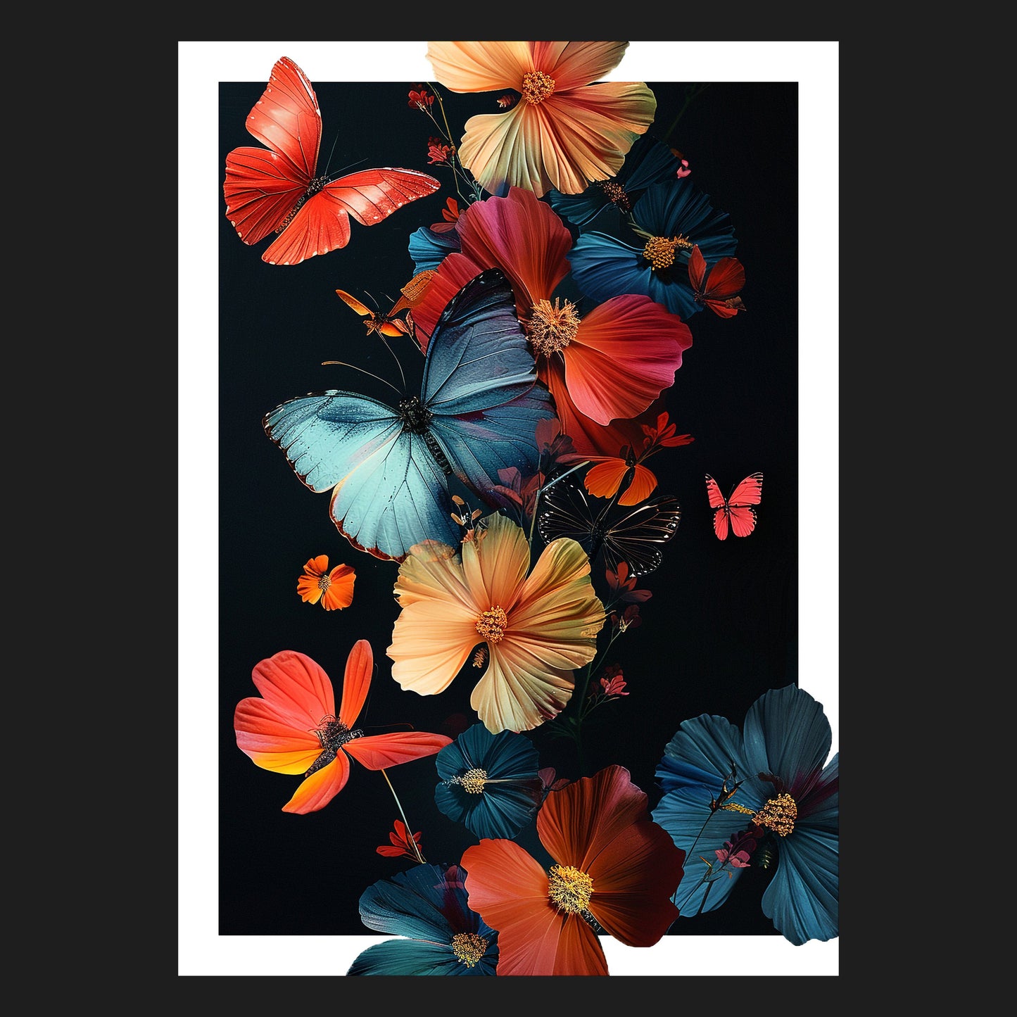 Abstraktes Naturmotiv mit farbenprächtigen Schmetterlingen und leuchtenden Blumen, das die Dynamik und Schönheit der Natur einfängt.