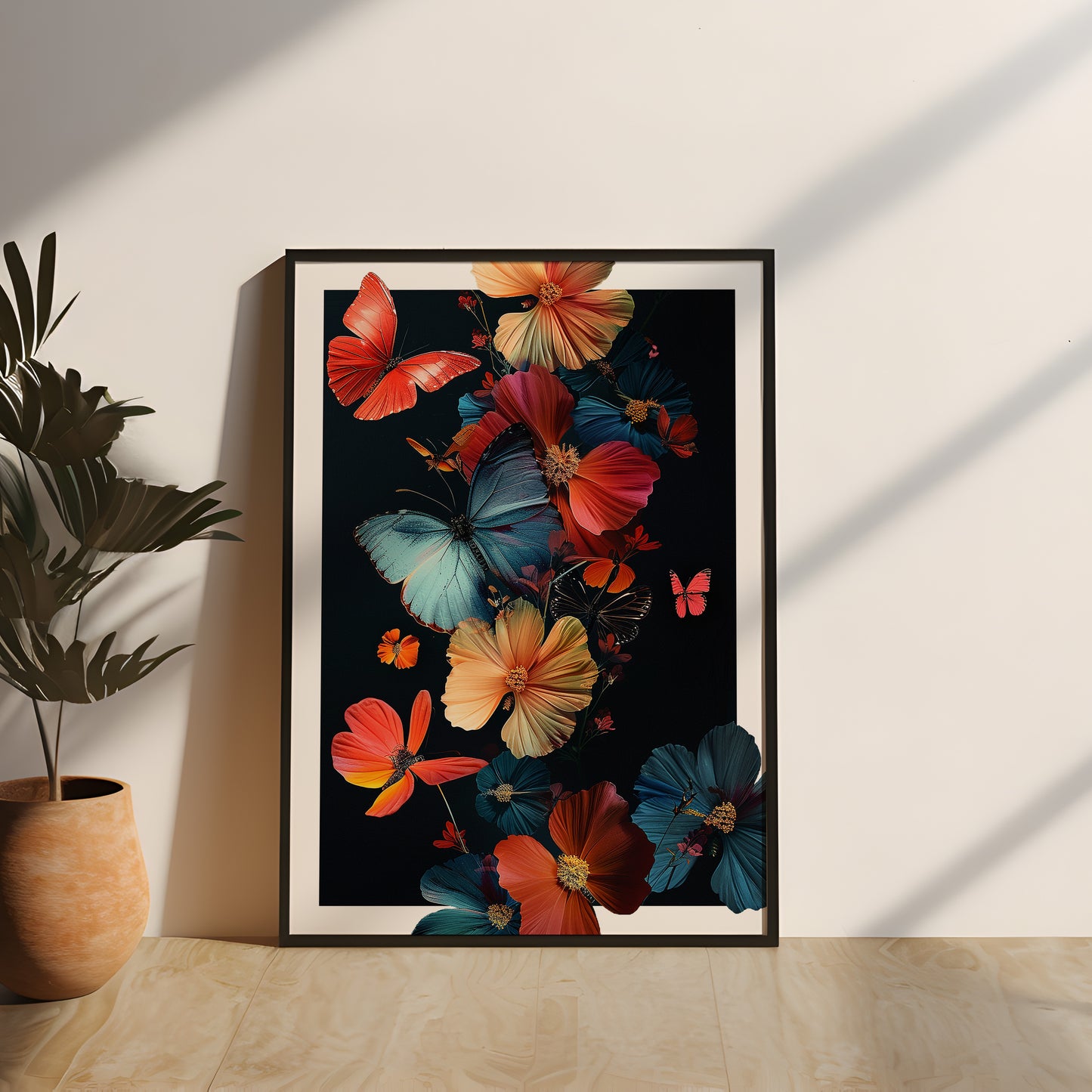 Abstraktes Naturmotiv mit farbenprächtigen Schmetterlingen und leuchtenden Blumen, gerahmt in einem hochwertigen Echtholzrahmen. Perfekt als dynamische Wanddekoration für Gamer, die eine harmonische Balance zwischen Natur und digitaler Welt schaffen möchten, gerahmtes poster mit Schmetterlingen und Blumen, dynamisches Natur Poster, Naturbild