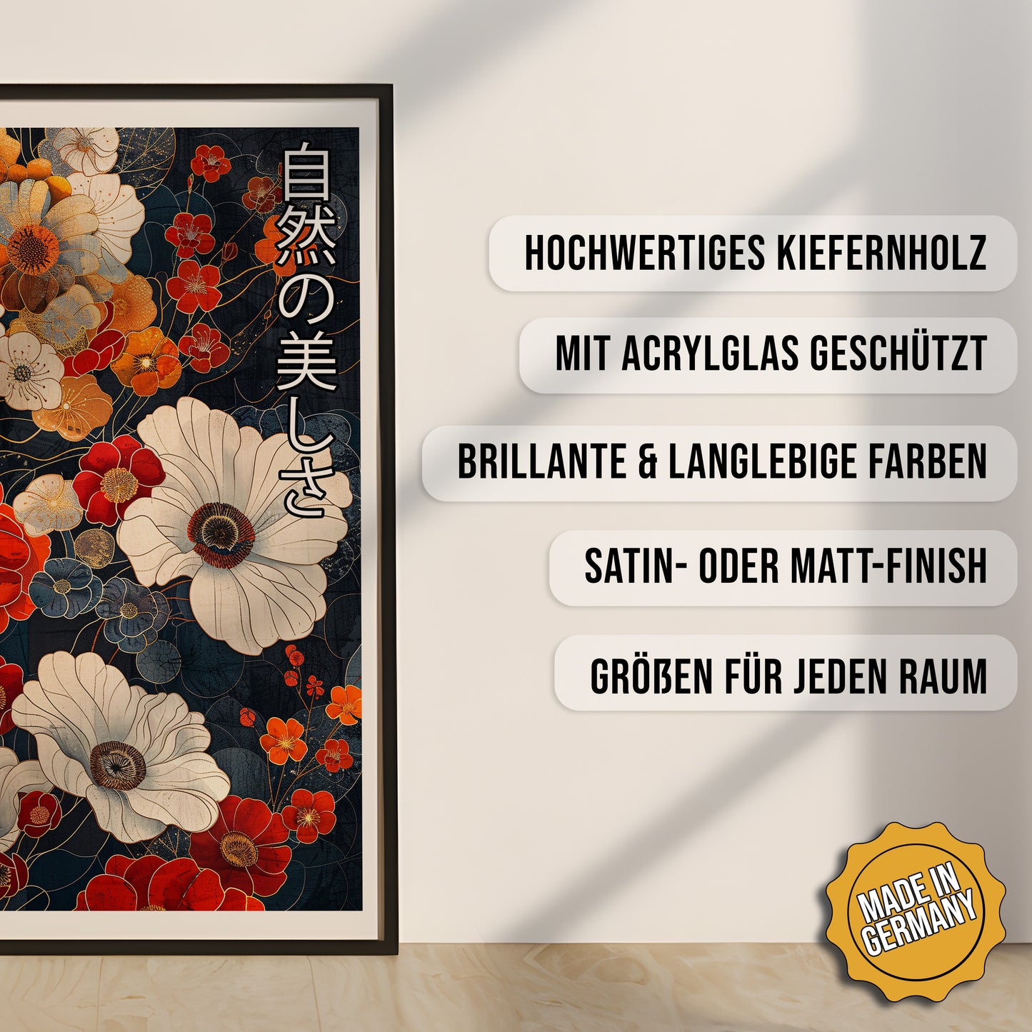 Produkt-Highlights zum gerahmten Poster Schönheit der Natur.
Hochwertiges Kiefernholz, mit Acrylglas geschützt, Brillante & langlebige Farben, satin- oder matt-finisch, größen für jeden Raum, Made in Germany.
