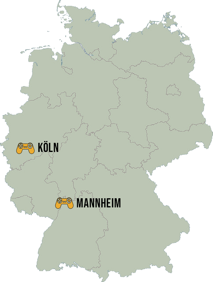 Die Standorte von Gamer Spark. Nähe Köln stehen die Gaming- & Fantasy Designs. In Mannheim werden die Designs auf Metall oder Poster gedruckt und gerahmt.
