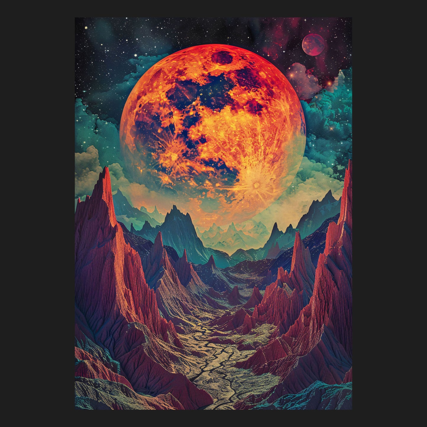 Surreales Motiv eines gigantischen Vollmonds über einer farbintensiven Berglandschaft, das eine magische und fesselnde Atmosphäre einfängt.