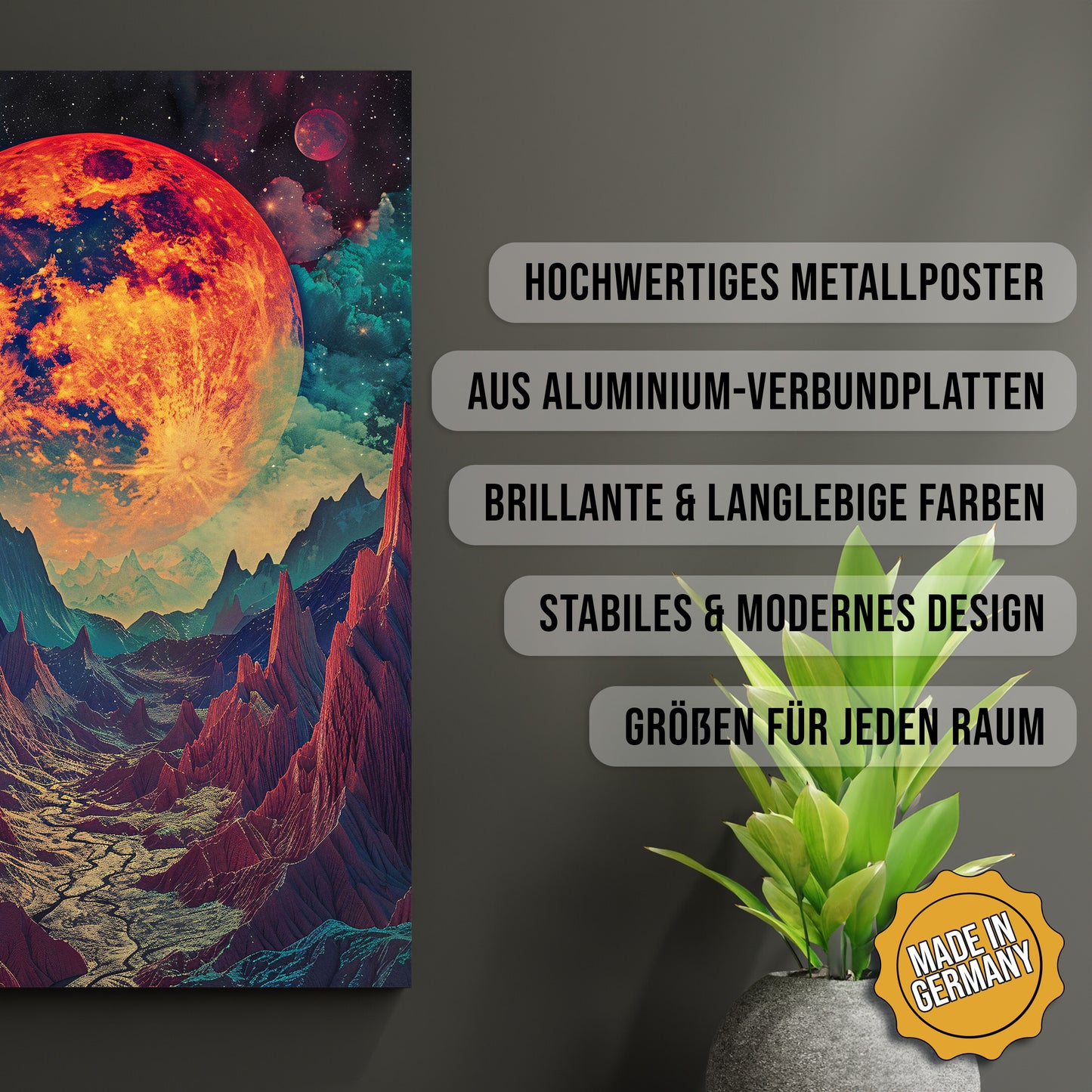 Produkt-Highlights zum Metallposter Surrealer Vollmond. Hochwertiges Metallposter, aus Aluminium-Verbundplatten, Brillante & langlebige Farben, stabiles & modernes design, Größen für jeden Raum, Made in Germany.