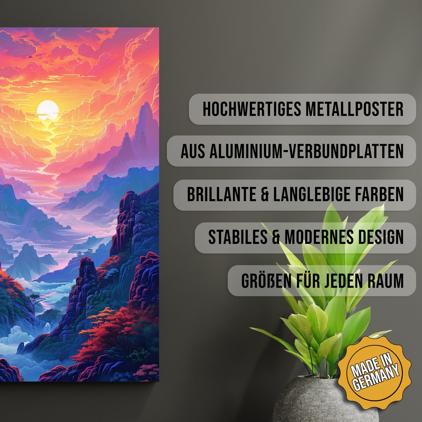 Produkt-Highlights zum Metallposter Tal der Träume. Hochwertiges Metallposter, aus Aluminium-Verbundplatten, Brillante & langlebige Farben, stabiles & modernes design, Größen für jeden Raum, Made in Germany.