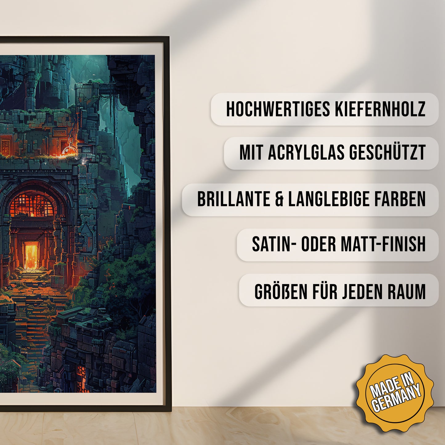 Produkt-Highlights zum gerahmten Poster Tempel des ewigen Feuers.
Hochwertiges Kiefernholz, mit Acrylglas geschützt, Brillante & langlebige Farben, satin- oder matt-finisch, größen für jeden Raum, Made in Germany.