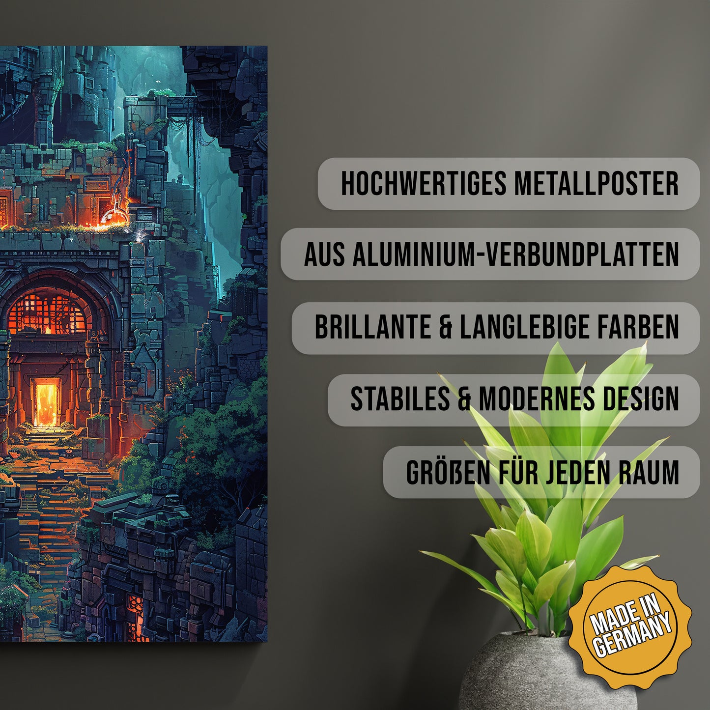 Produkt-Highlights zum Metallposter Tempel des ewigen Feuers. Hochwertiges Metallposter, aus Aluminium-Verbundplatten, Brillante & langlebige Farben, stabiles & modernes design, Größen für jeden Raum, Made in Germany.