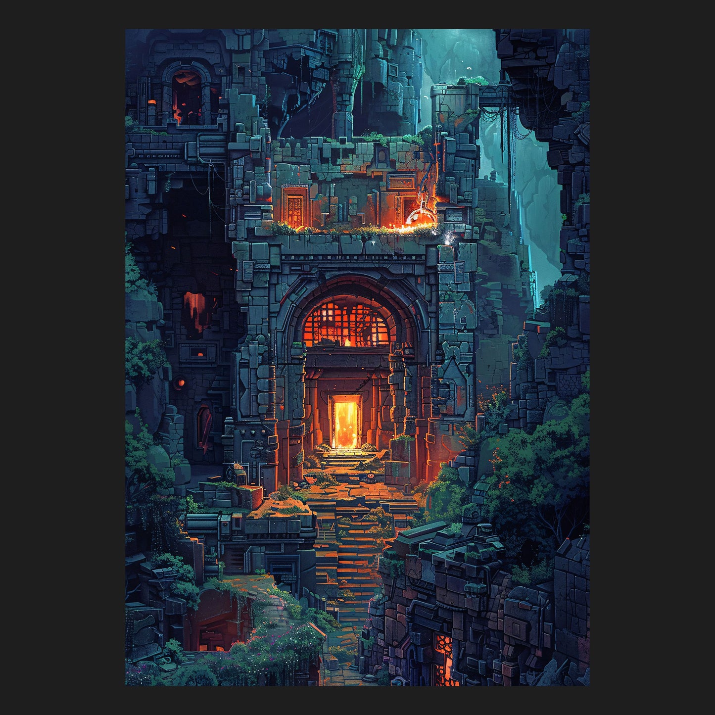 Gaming Kunst "Tempel des ewigen Feuers", Fantasy Wandkunst mit mystischem Design und dunklem Farbschema, perfekte Wanddekoration für Gamer und Fantasy-Fans, Gaming Motiv, Pixel Art