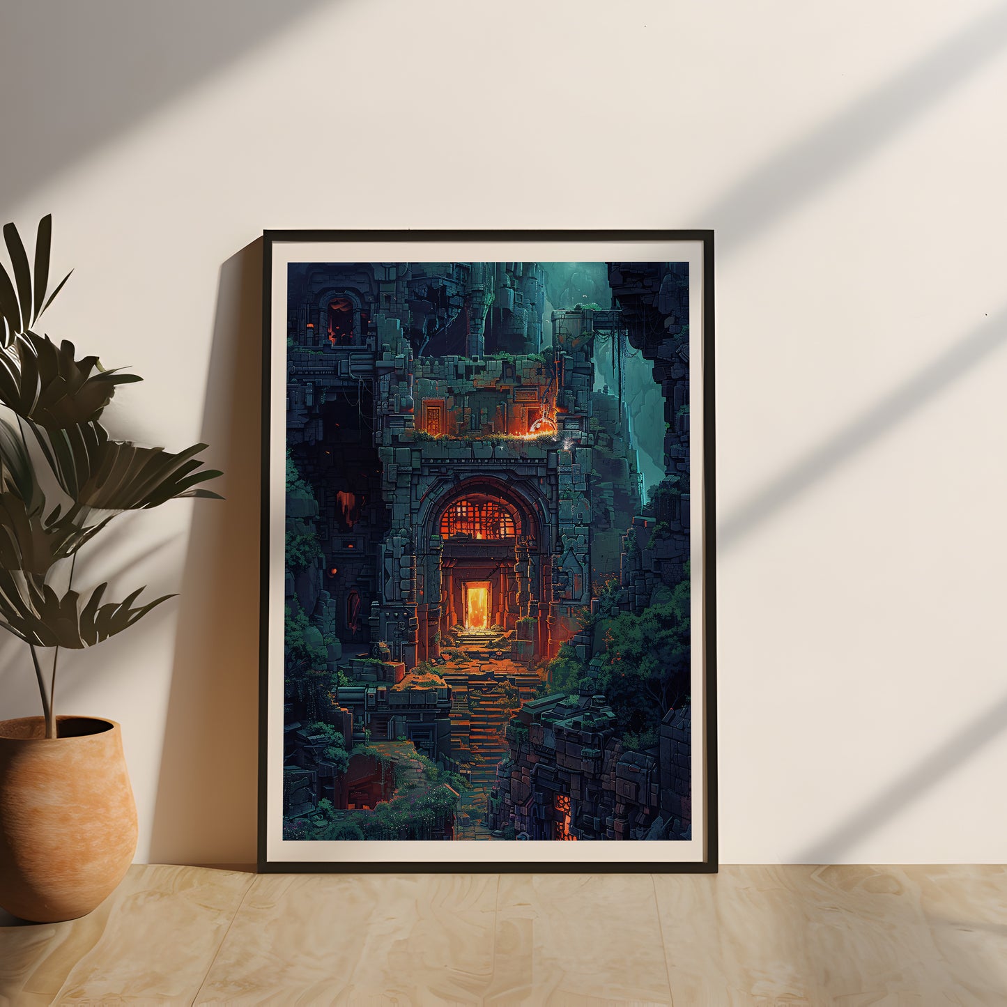 Gerahmtes Gaming Poster "Tempel des ewigen Feuers" mit Echtholzrahmen, Fantasy Wandkunst mit mystischem Design und dunklem Farbschema, perfekte Wanddekoration für Gamer und Fantasy-Fans, Gaming Poster mit Rahmen, Pixel Art