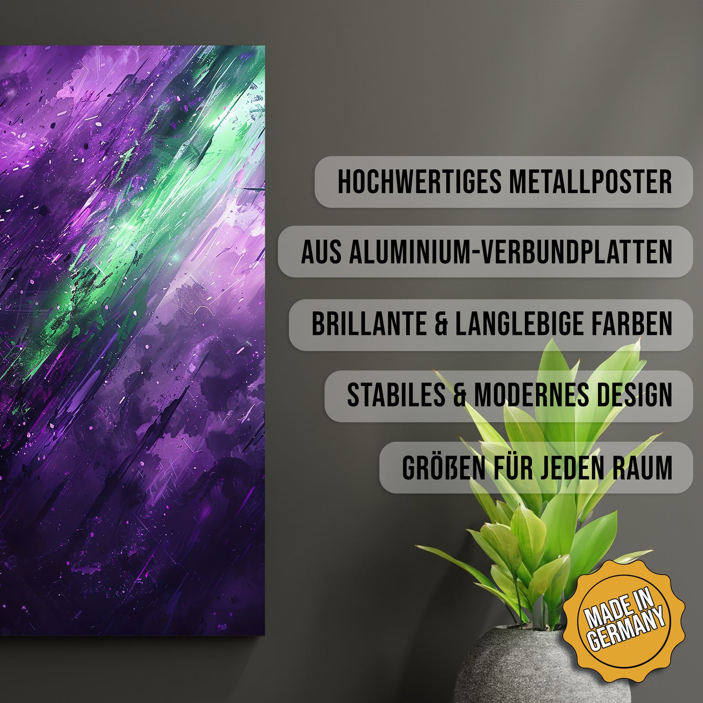 Produkt-Highlights zum Metallposter Tiefe Dimensionen. Hochwertiges Metallposter, aus Aluminium-Verbundplatten, Brillante & langlebige Farben, stabiles & modernes design, Größen für jeden Raum, Made in Germany.