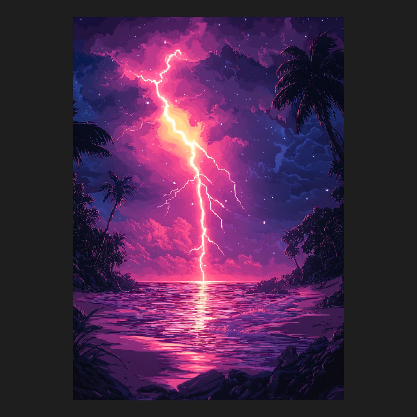 Pixel-Art-Poster eines tropischen Gewitters bei Nacht mit spektakulärem Blitz über dem Meer, in leuchtenden Neonfarben wie Violett, Pink und Gelb. Nostalgischer 8-Bit-Stil trifft auf Retro-Gaming-Vibes – perfekt für Fans digitaler Kunst und Retro-Ästhetik.