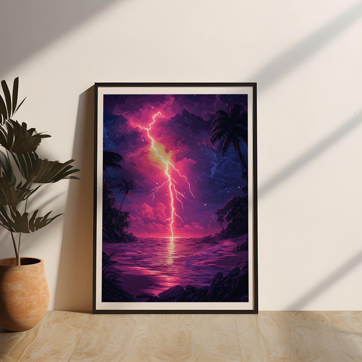 Stimmungsvolles Pixel-Art-Motiv eines Tropensturms mit grellem Blitz am nächtlichen Horizont, gerahmt in hochwertigem Echtholz und geschützt durch Acrylglas – farbintensiver Eyecatcher im Retro-Gaming-Stil für moderne Gaming-Setups oder Wohnzimmer.