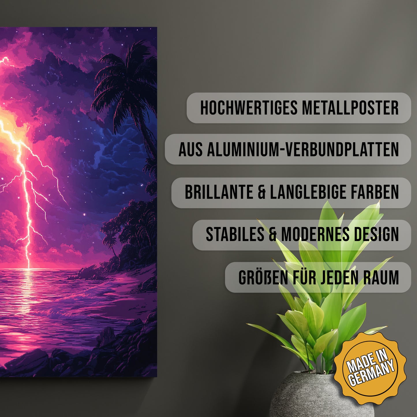 Produkt-Highlights zum Metallposter Tropenblitz bei Nacht. Hochwertiges Metallposter, aus Aluminium-Verbundplatten, Brillante & langlebige Farben, stabiles & modernes design, Größen für jeden Raum, Made in Germany.