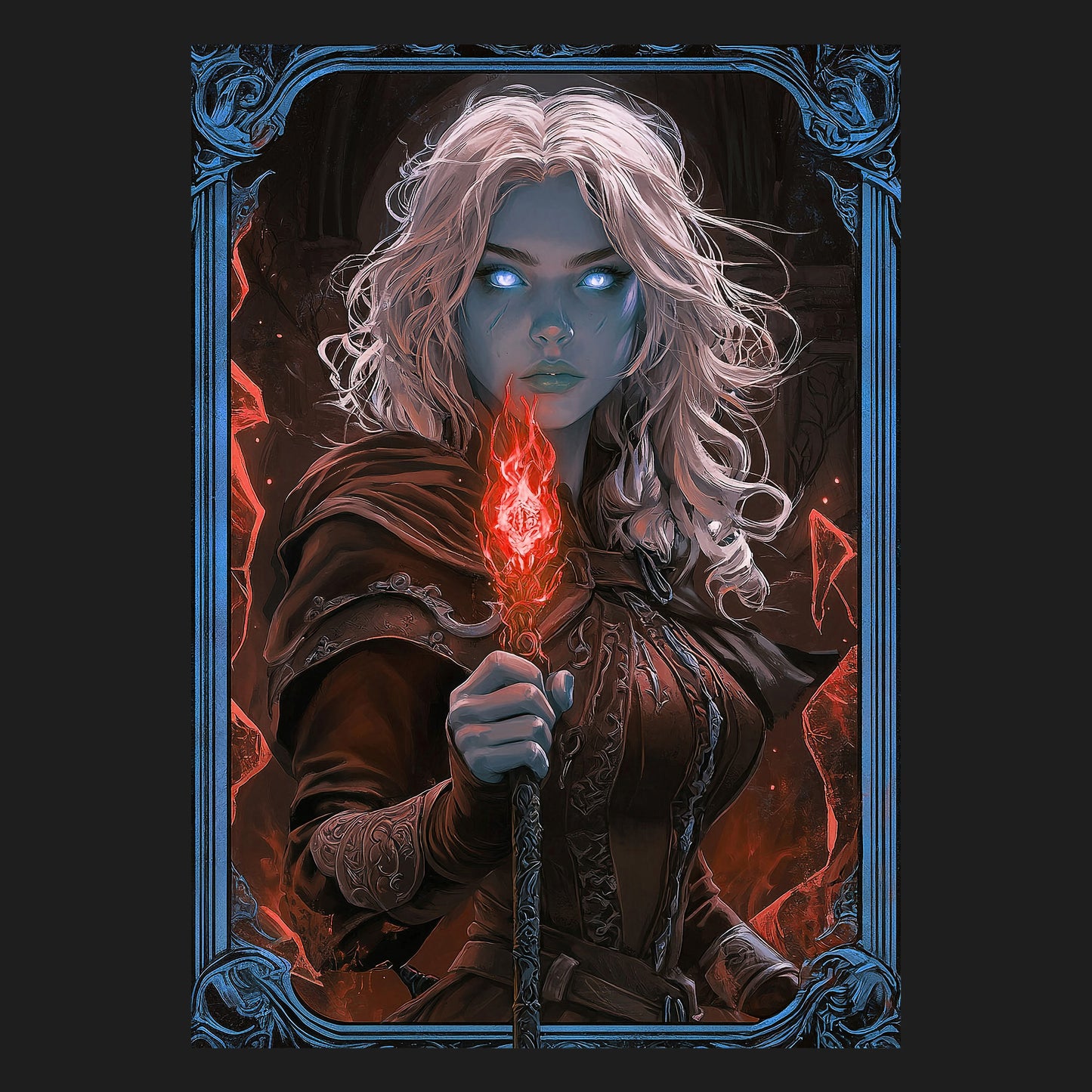 Das Motiv 'Untote Flammenmagierin' präsentiert eine fesselnde Magierin, die mit ihrem brennenden Zauberstab und intensiven blauen Augen eine mystische Atmosphäre schafft. Diese beeindruckende Fantasy-Kunst ist ideal für Fans epischer Welten und starker, magischer Figuren.