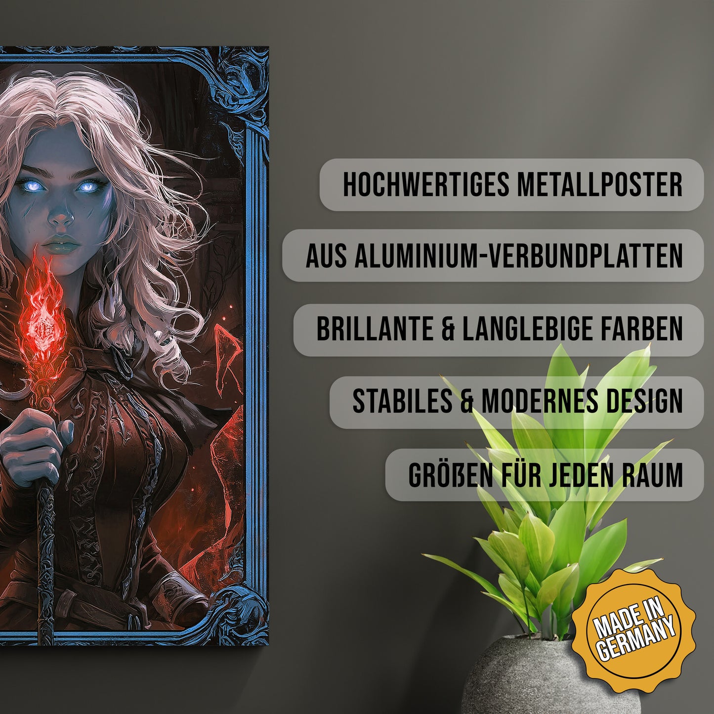 Produkt-Highlights zum Metallposter Untote Flammenmagerin. Hochwertiges Metallposter, aus Aluminium-Verbundplatten, Brillante & langlebige Farben, stabiles & modernes design, Größen für jeden Raum, Made in Germany.