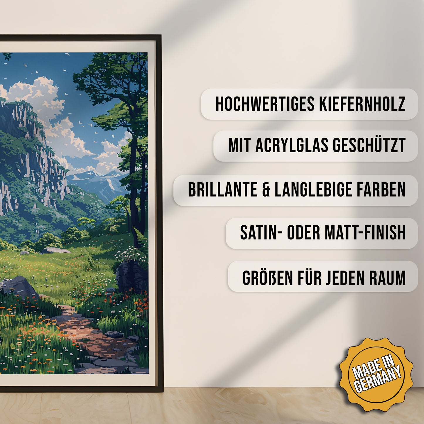 Produkt-Highlights zum gerahmten Poster Untouched Horizon.
Hochwertiges Kiefernholz, mit Acrylglas geschützt, Brillante & langlebige Farben, satin- oder matt-finisch, größen für jeden Raum, Made in Germany.