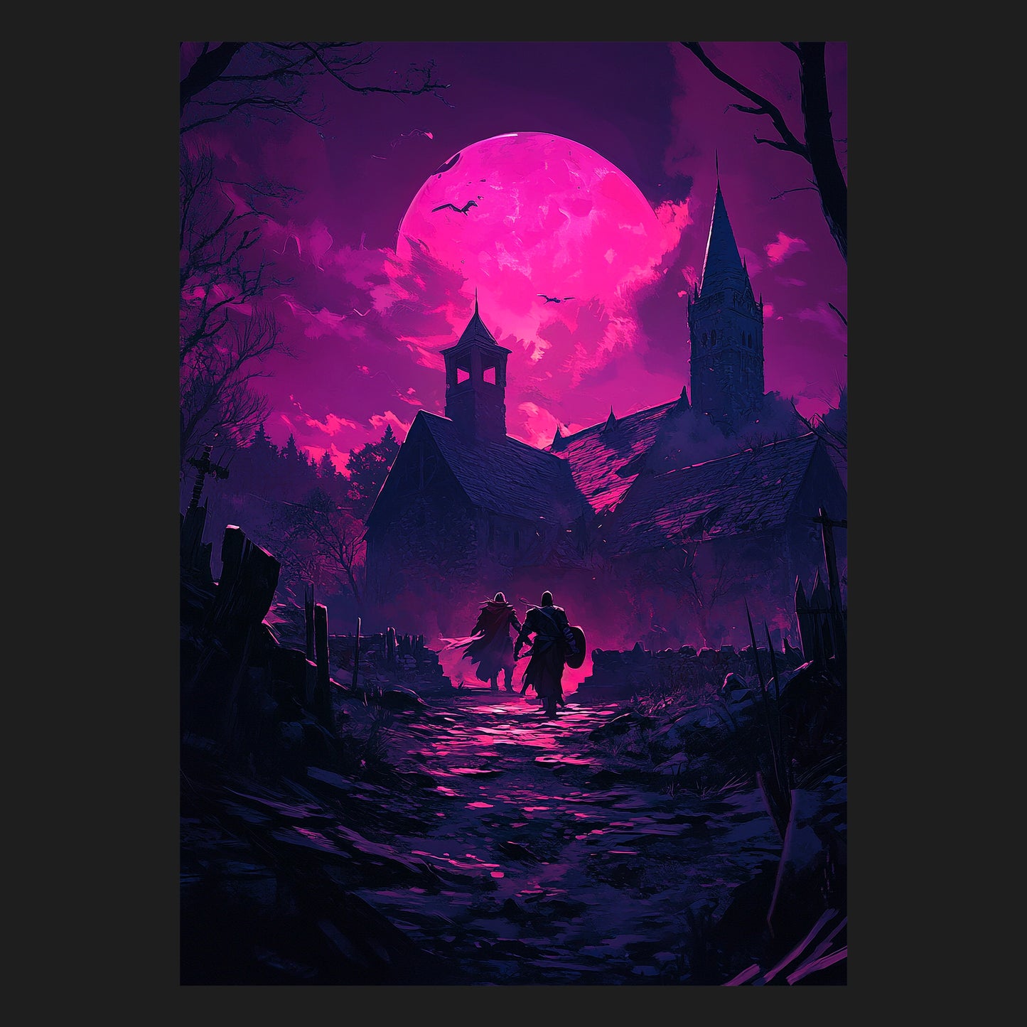 Mystische Fantasy-Illustration mit riesigem roten Vollmond über einem düsteren Dorf, in dem zwei Krieger durch eine verlassene Straße ziehen. Dunkle, vampirische Atmosphäre, inspiriert von Gothic- und Mittelalter-Fantasy-Welten.