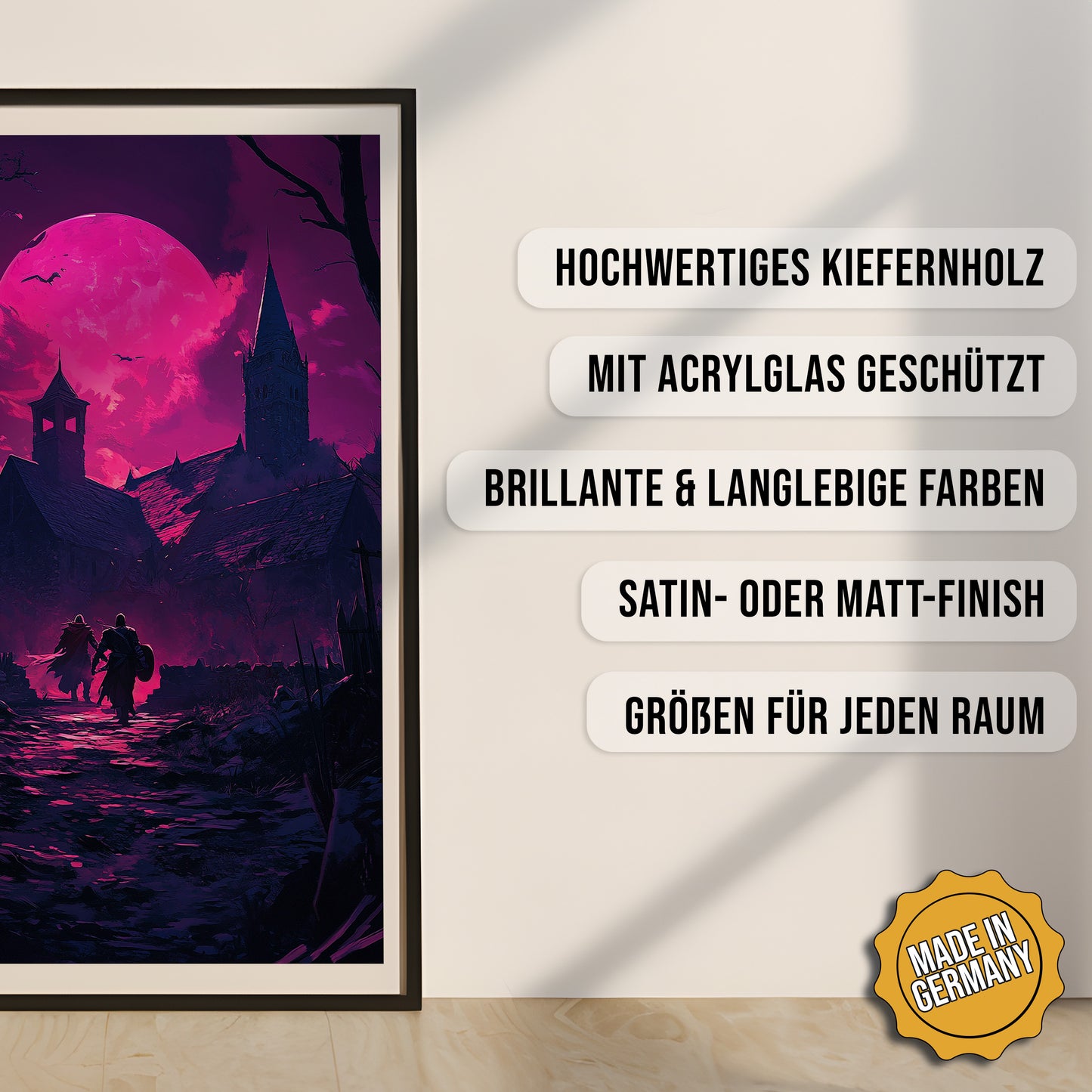 Produkt-Highlights zum gerahmten Poster Vampire Rising.
Hochwertiges Kiefernholz, mit Acrylglas geschützt, Brillante & langlebige Farben, satin- oder matt-finisch, größen für jeden Raum, Made in Germany.