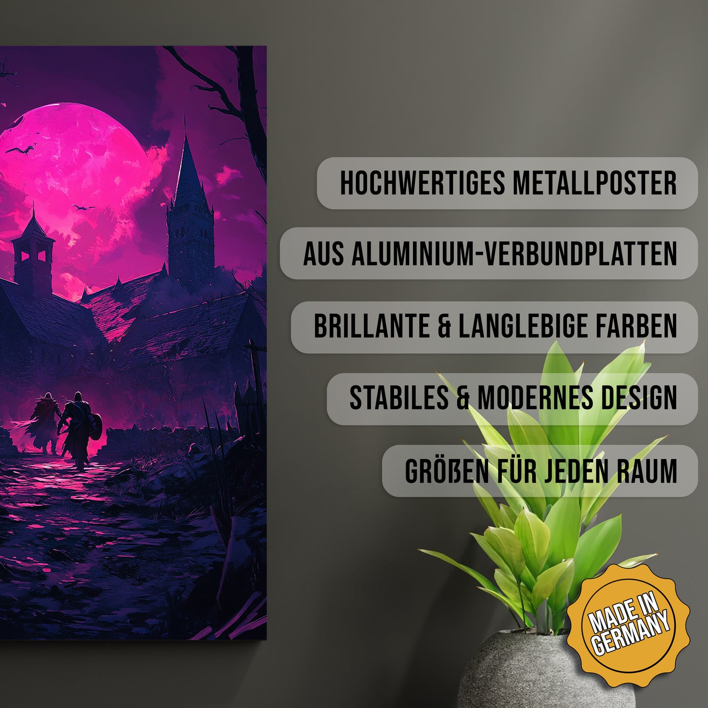 Produkt-Highlights zum Metallposter Vampire Rising. Hochwertiges Metallposter, aus Aluminium-Verbundplatten, Brillante & langlebige Farben, stabiles & modernes design, Größen für jeden Raum, Made in Germany.