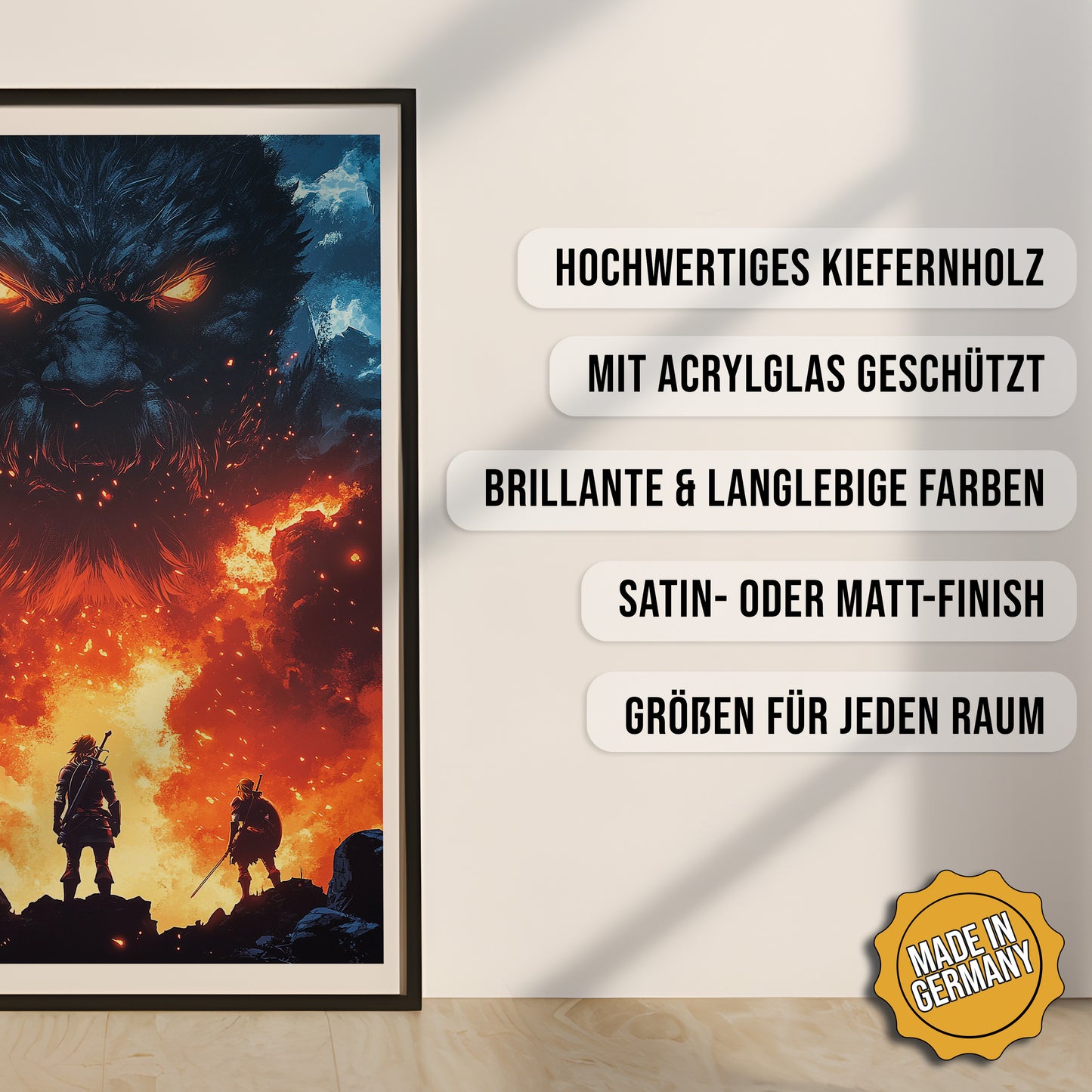 Produkt-Highlights zum gerahmten Poster Wächter der Flammen.
Hochwertiges Kiefernholz, mit Acrylglas geschützt, Brillante & langlebige Farben, satin- oder matt-finish, größen für jeden Raum, Made in Germany.