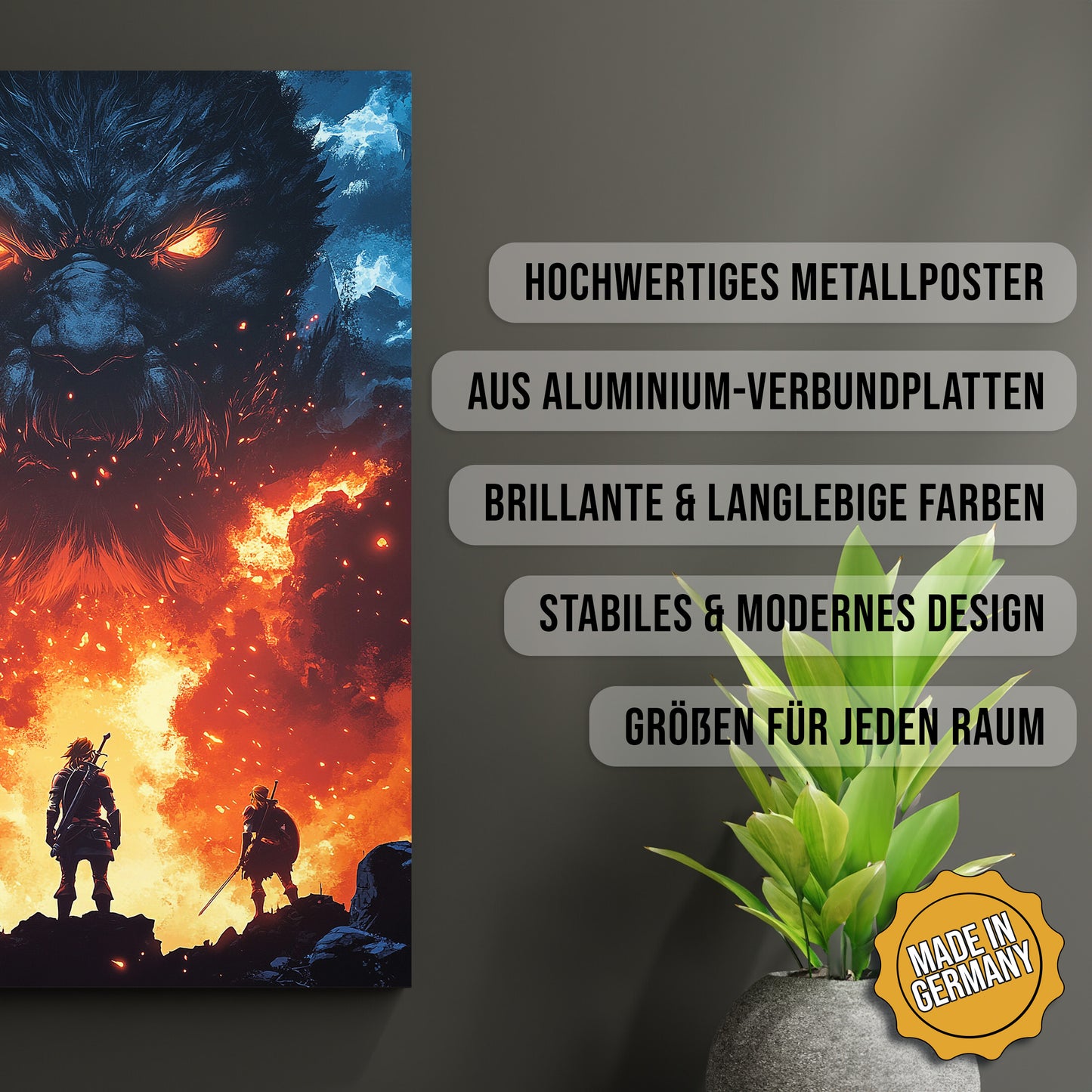 Produkt-Highlights zum Metallposter Wächter der Flammen. Hochwertiges Metallposter, aus Aluminium-Verbundplatten, Brillante & langlebige Farben, stabiles & modernes design, Größen für jeden Raum, Made in Germany.