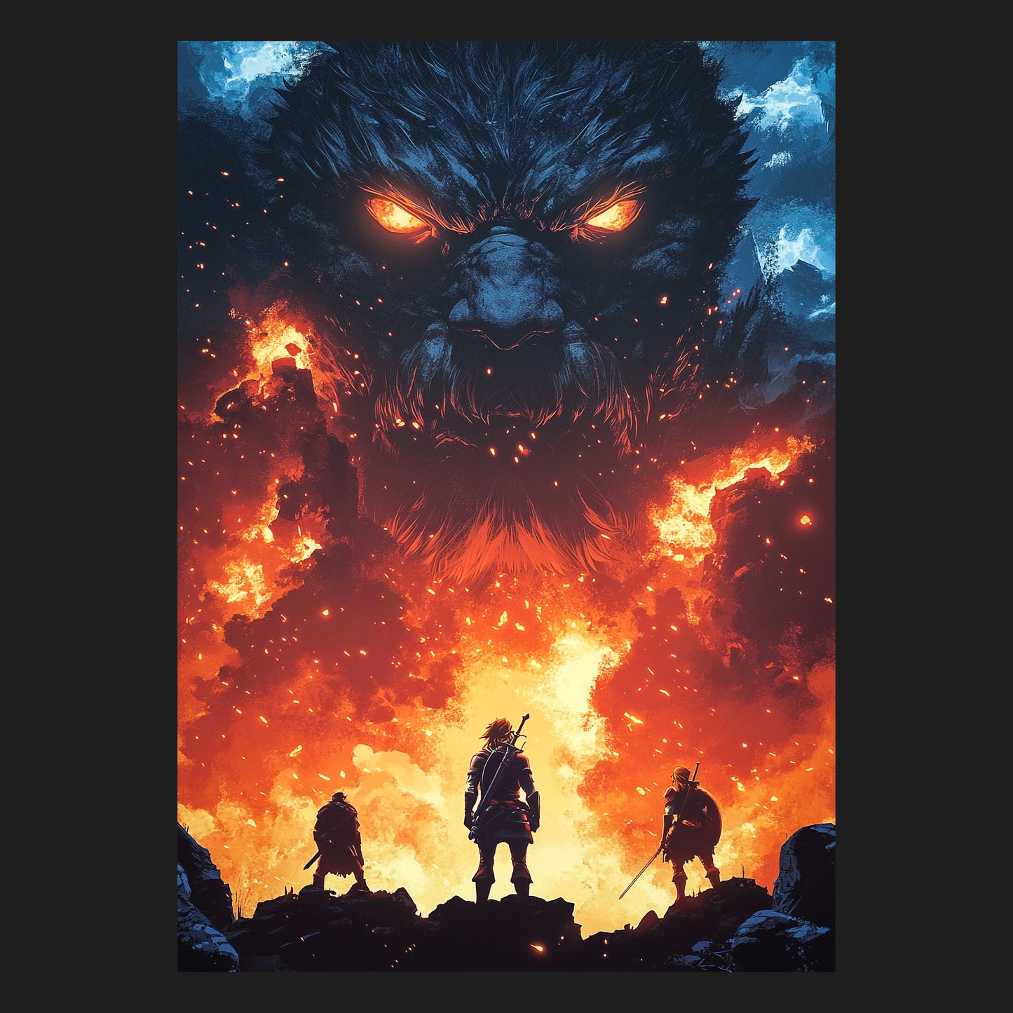 Detailreiche Illustration eines epischen Kampfes zwischen drei Kriegern und einem gewaltigen, feuerspeienden Monster, Dungeon RPG Motiv, Abteuer Poster