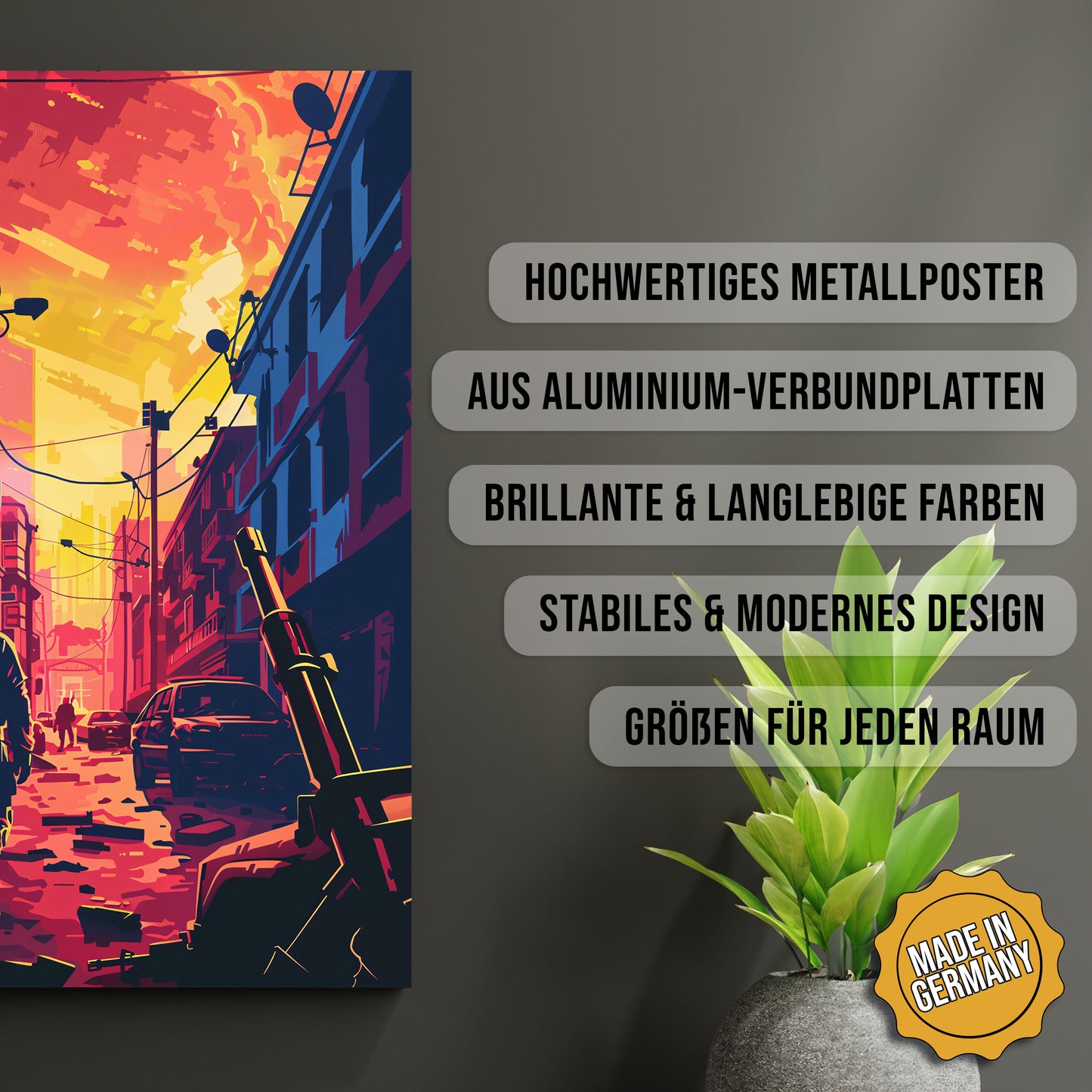 Produkt-Highlights zum Metallposter Warzone. Hochwertiges Metallposter, aus Aluminium-Verbundplatten, Brillante & langlebige Farben, stabiles & modernes design, Größen für jeden Raum, Made in Germany.