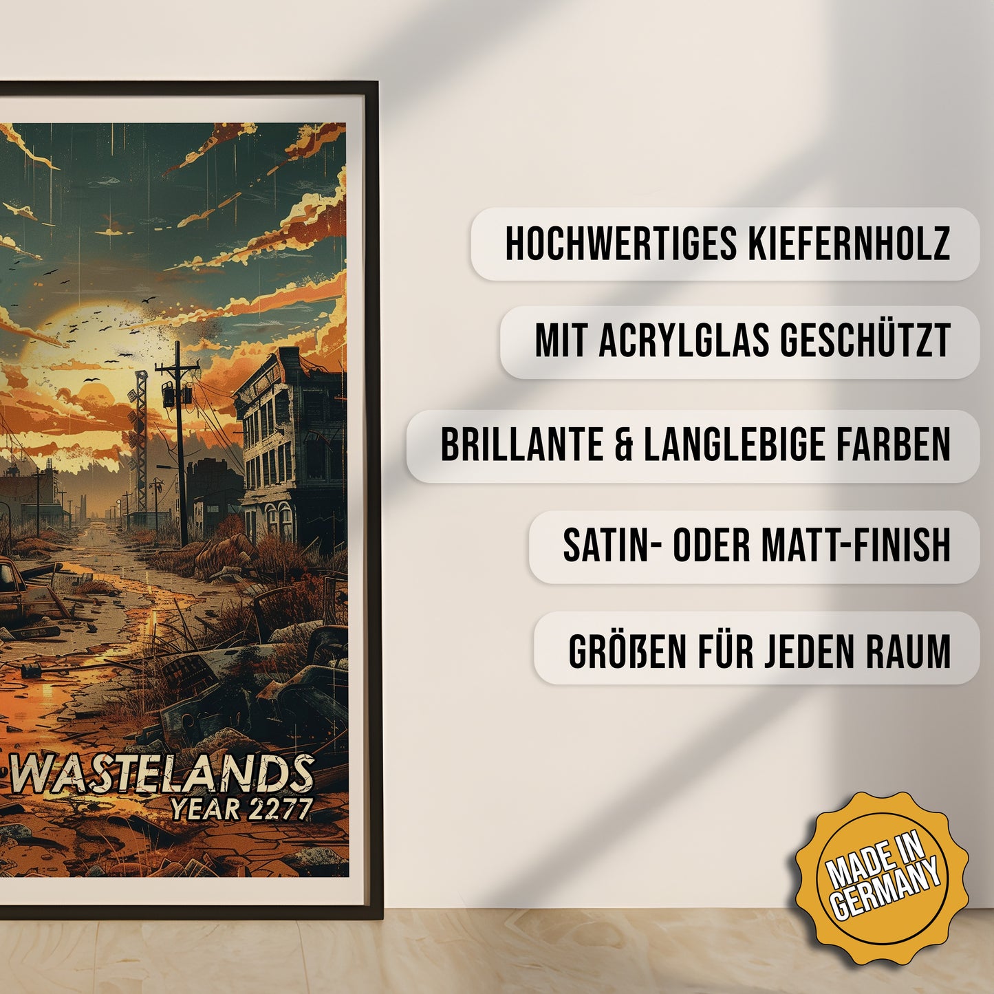 Produkt-Highlights zum gerahmten Poster Wastelands 2277.
Hochwertiges Kiefernholz, mit Acrylglas geschützt, Brillante & langlebige Farben, satin- oder matt-finish, größen für jeden Raum, Made in Germany.