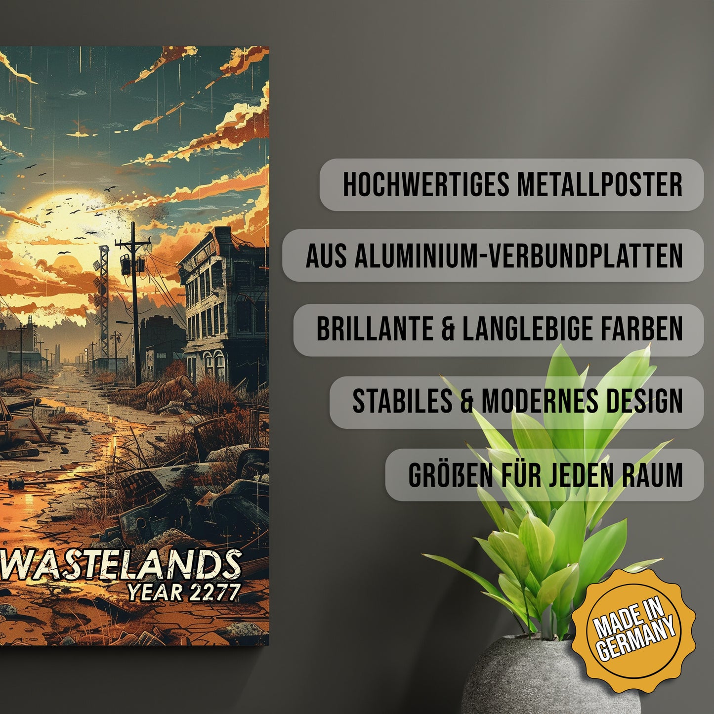 Produkt-Highlights zum Metallposter Wastelands 2277. Hochwertiges Metallposter, aus Aluminium-Verbundplatten, Brillante & langlebige Farben, stabiles & modernes design, Größen für jeden Raum, Made in Germany.